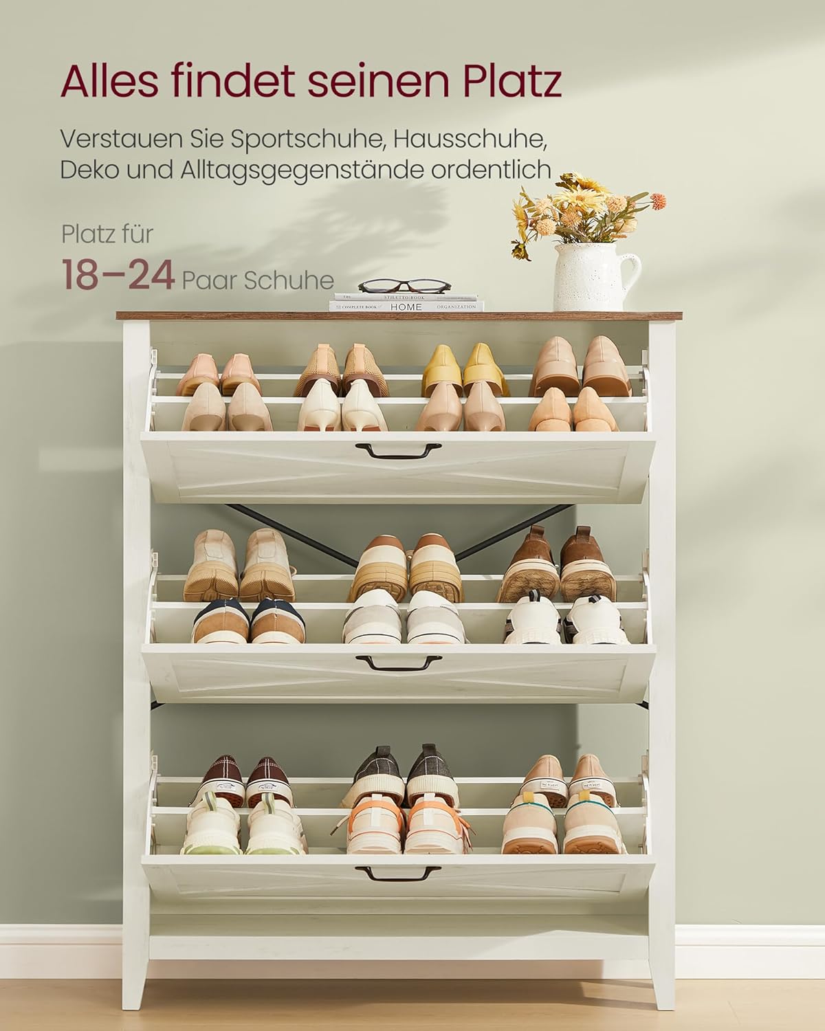 VASAGLE LIRY Kollektion - Schuhschrank 3 Klappen, Schuhkipper, freistehendes schmales Schuhregal, für Eingangsbereich, Landhausstil, für 18-24 Paar Schuhe, vintageweiß HSC301W02 — Ansicht 5