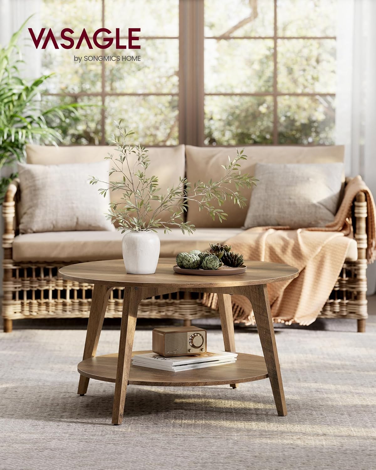 VASAGLE MAEZO Kollektion - Couchtisch rund, Wohnzimmertisch 2 Ebenen, Kaffeetisch für Wohnzimmer, 80 cm d, 45 cm H, einfach zu montieren, honigbraun LCT243K41V1 — Ansicht 2