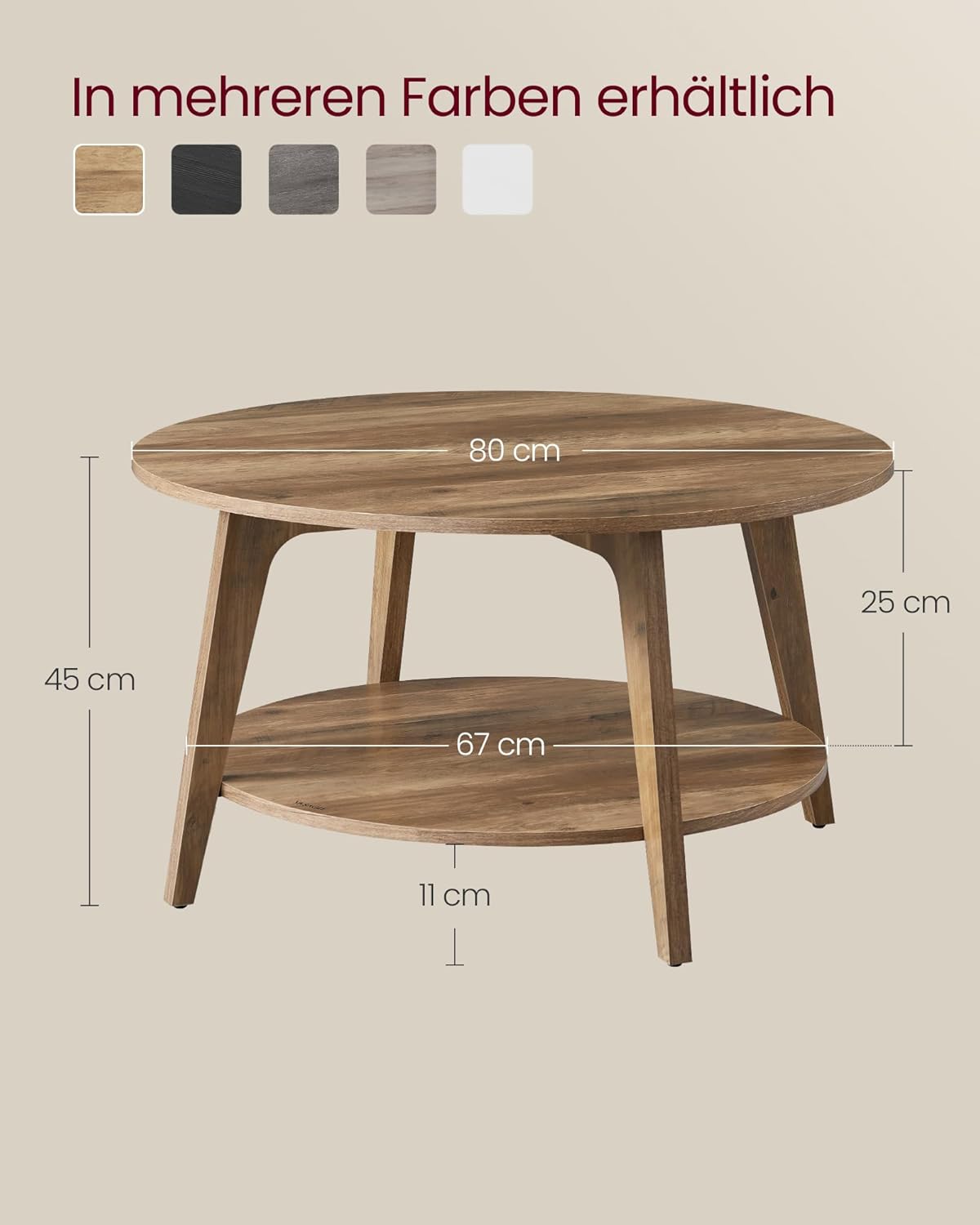 VASAGLE MAEZO Kollektion - Couchtisch rund, Wohnzimmertisch 2 Ebenen, Kaffeetisch für Wohnzimmer, 80 cm d, 45 cm H, einfach zu montieren, honigbraun LCT243K41V1 — Ansicht 3