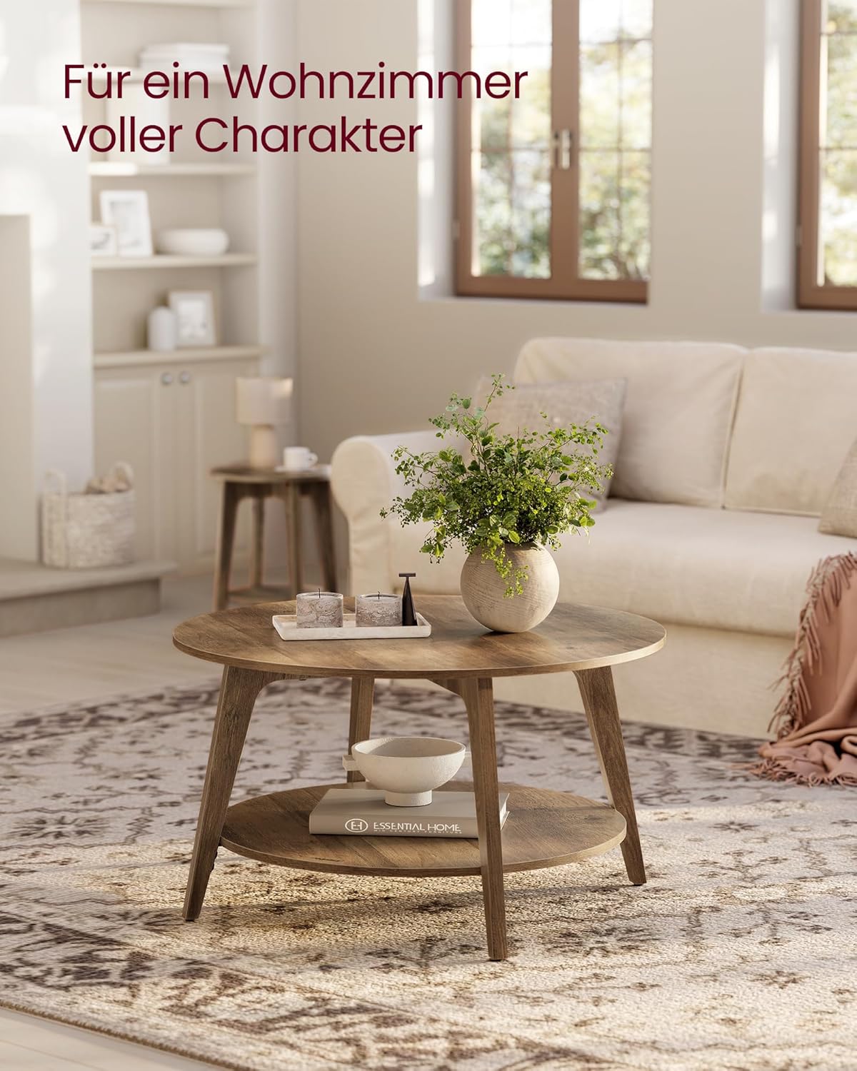 VASAGLE MAEZO Kollektion - Couchtisch rund, Wohnzimmertisch 2 Ebenen, Kaffeetisch für Wohnzimmer, 80 cm d, 45 cm H, einfach zu montieren, honigbraun LCT243K41V1 — Ansicht 4