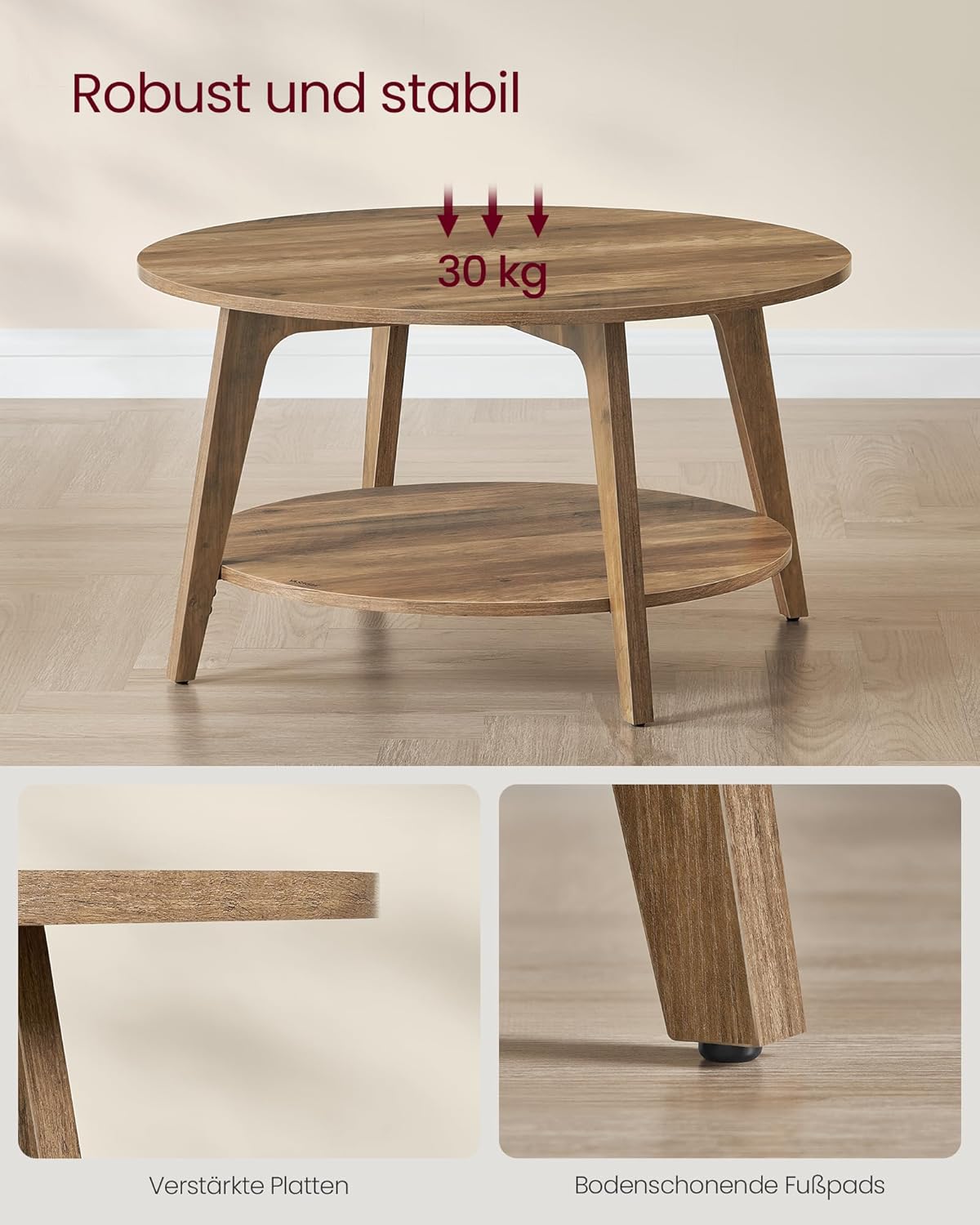 VASAGLE MAEZO Kollektion - Couchtisch rund, Wohnzimmertisch 2 Ebenen, Kaffeetisch für Wohnzimmer, 80 cm d, 45 cm H, einfach zu montieren, honigbraun LCT243K41V1 — Ansicht 5