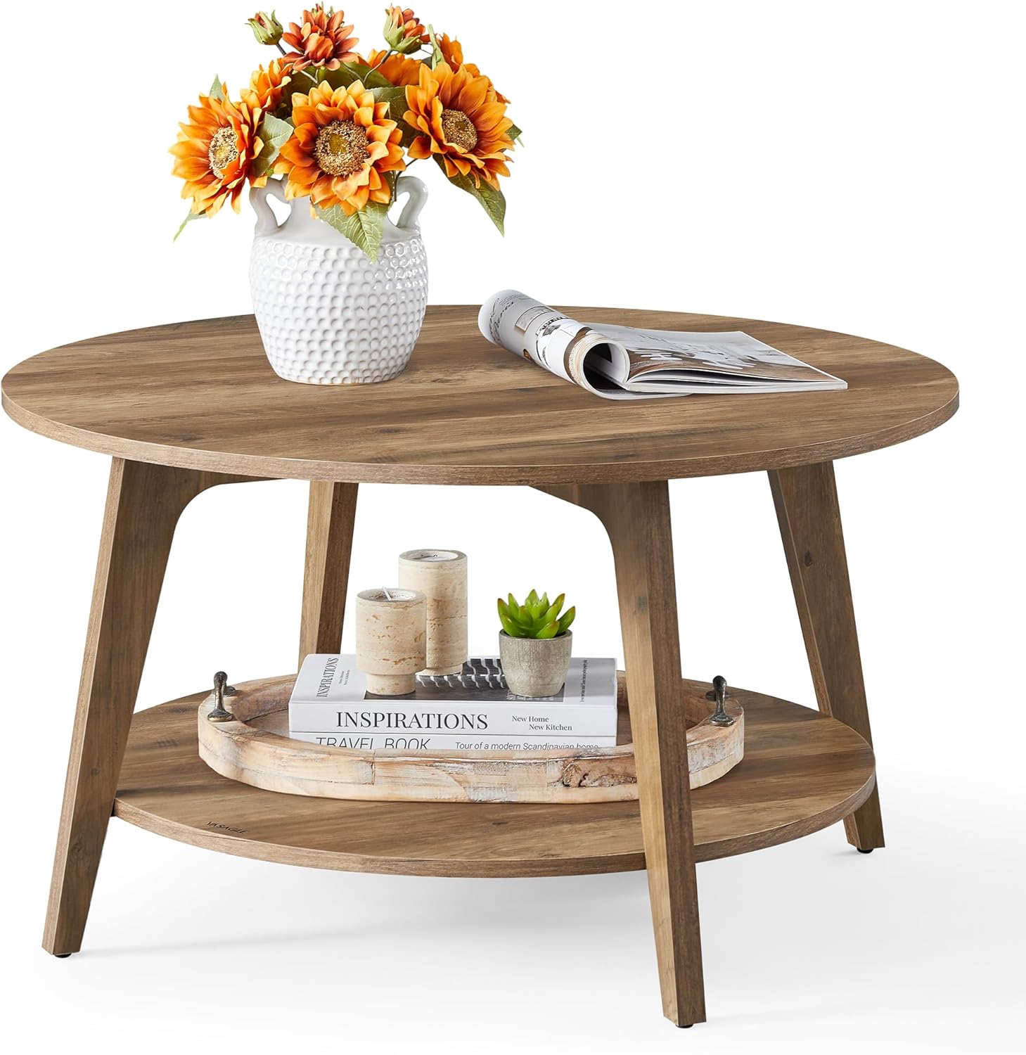 VASAGLE MAEZO Kollektion - Couchtisch rund, Wohnzimmertisch 2 Ebenen, Kaffeetisch für Wohnzimmer, 80 cm d, 45 cm H, einfach zu montieren, honigbraun LCT243K41V1