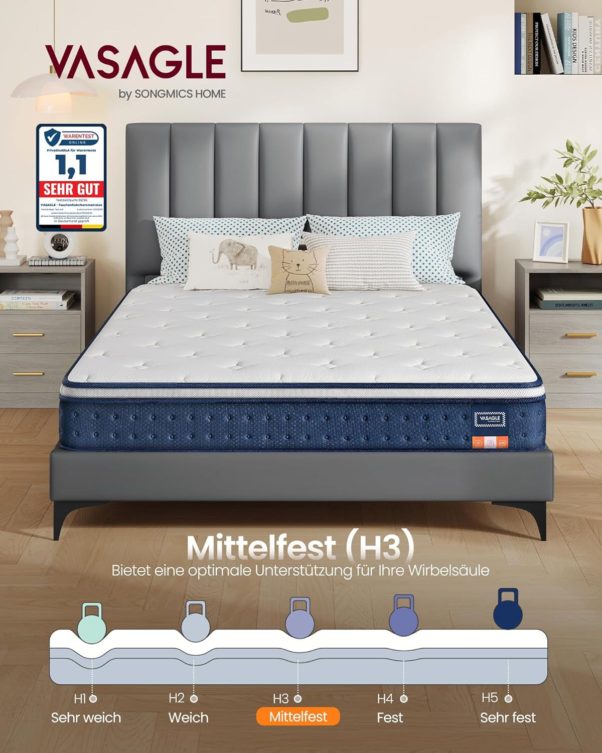VASAGLE Matratze, 140 x 200 x 20 cm, Taschenfederkernmatratze aus Gel-Memory-Schaumstoff, mittelfest, H3, Ergonomische Körperanpassung, Bewegungsisolierung, atmungsaktiver Bezug, blau RMZ214QZ02 — Ansicht 2
