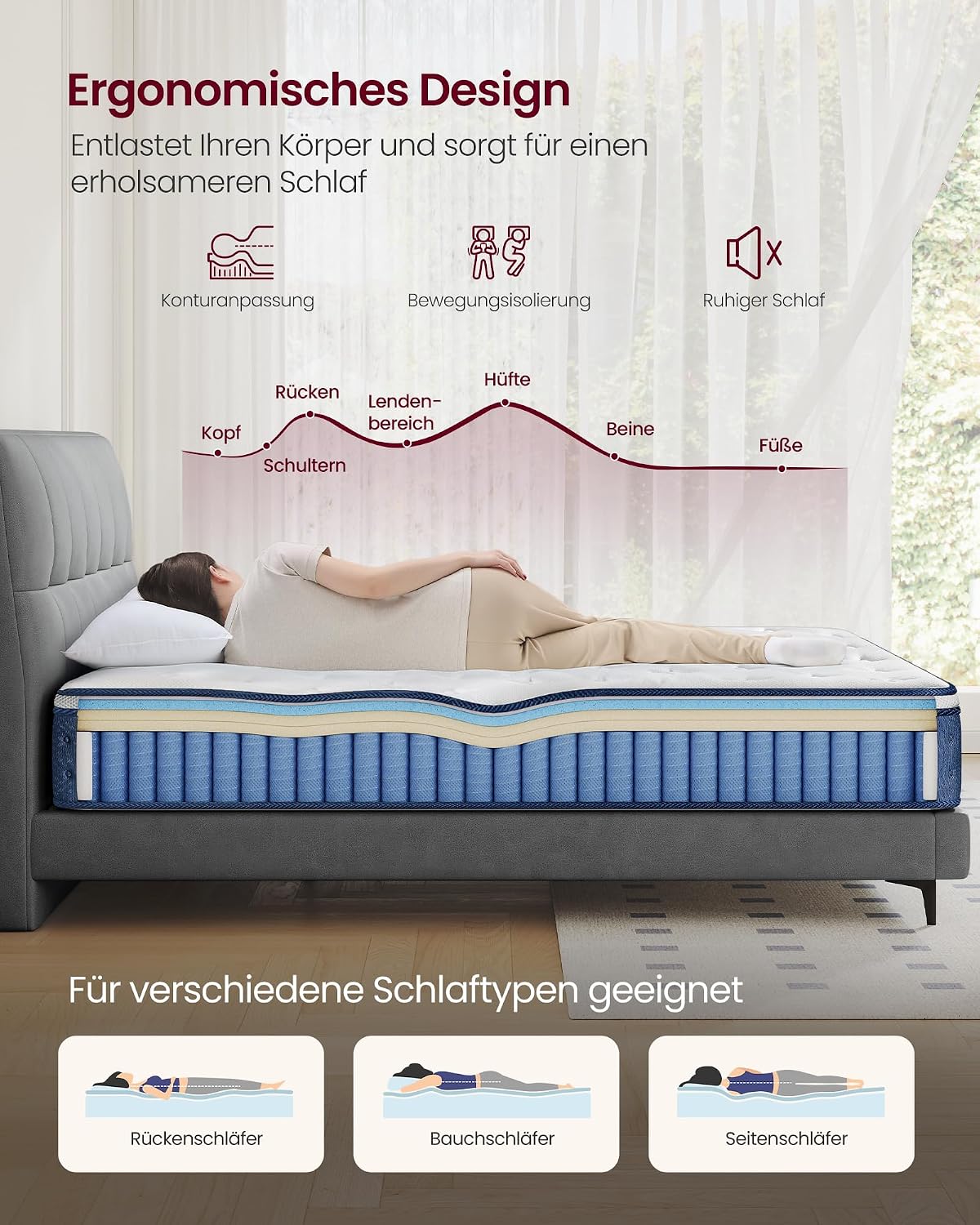 VASAGLE Matratze, 140 x 200 x 20 cm, Taschenfederkernmatratze aus Gel-Memory-Schaumstoff, mittelfest, H3, Ergonomische Körperanpassung, Bewegungsisolierung, atmungsaktiver Bezug, blau RMZ214QZ02 — Ansicht 5