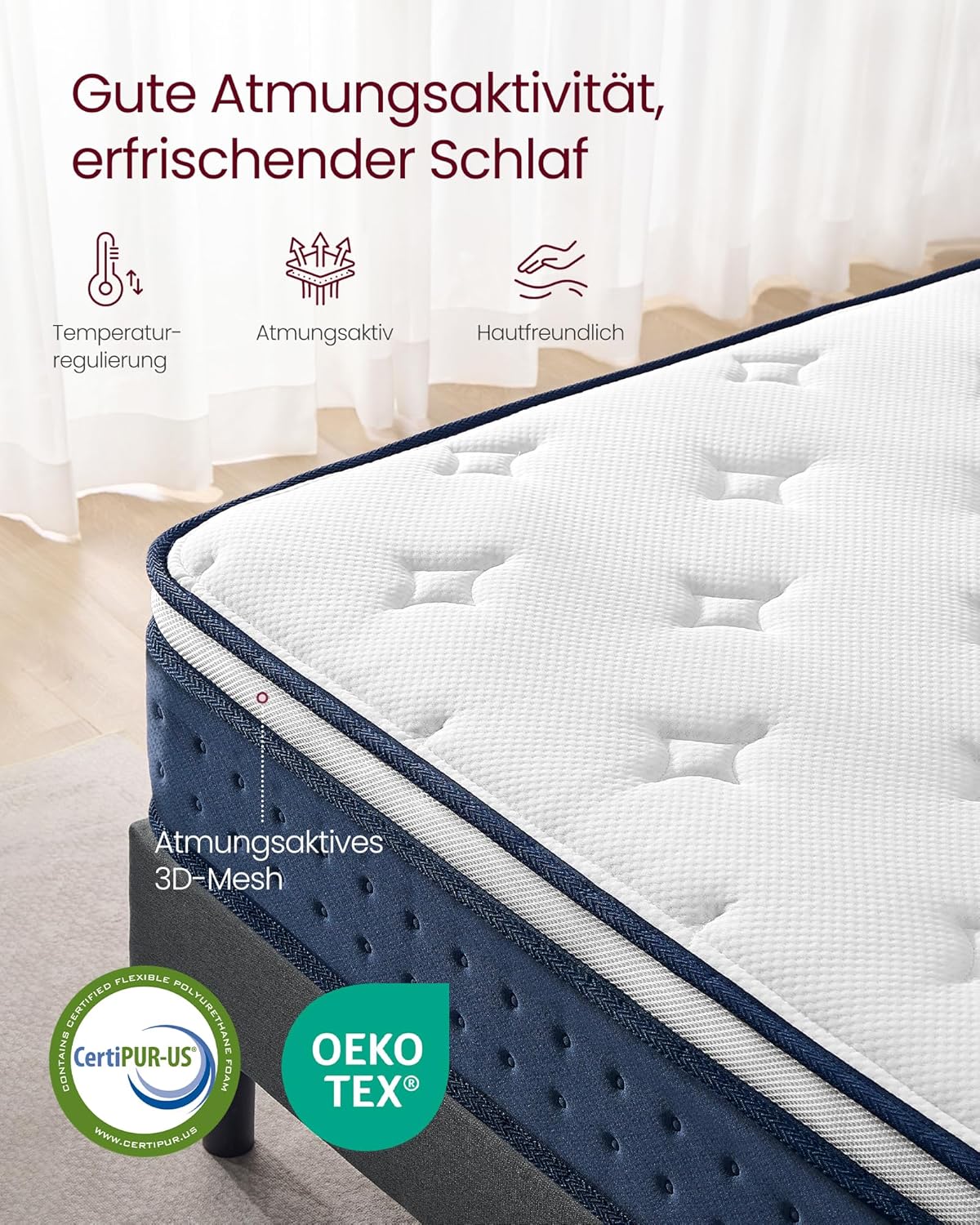 VASAGLE Matratze, 140 x 200 x 20 cm, Taschenfederkernmatratze aus Gel-Memory-Schaumstoff, mittelfest, H3, Ergonomische Körperanpassung, Bewegungsisolierung, atmungsaktiver Bezug, blau RMZ214QZ02 — Ansicht 6