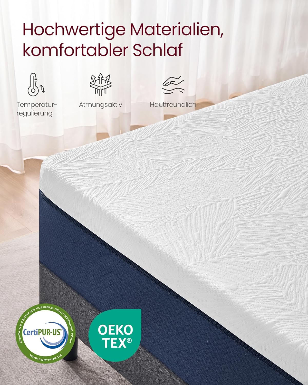 VASAGLE Matratze, 90 x 200 cm, Einzelmatratze aus Gel-Memory-Schaumstoff, mittelfest, H3, 7-Zonen-Unterstützung, atmungsaktiv, Abnehmbarer, maschinenwaschbarer Bezug, 20 cm dick, blau RMZ122QZ01 — Ansicht 5