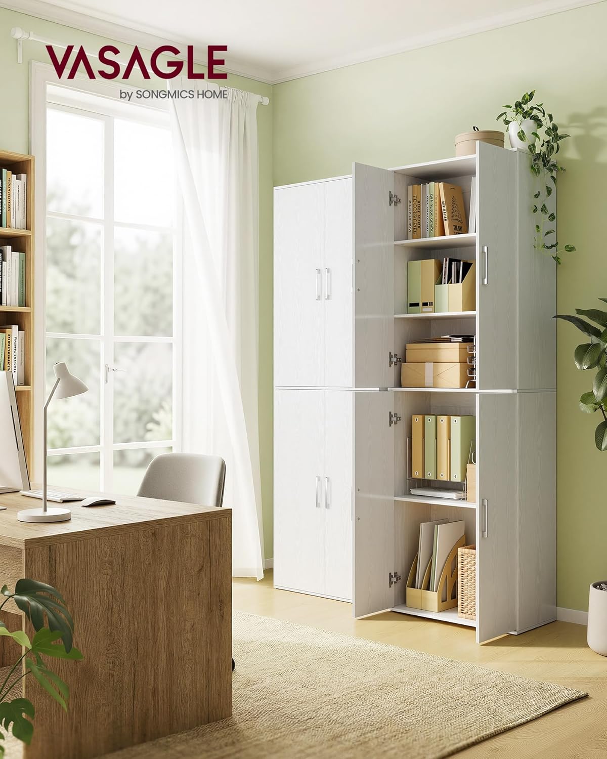 VASAGLE Mehrzweckschrank, mit 4 Türen, 5 Ablagen, Büroschrank, Aufbewahrungsschrank, Kleiderschrank, mit Griffen, Holzspanplatte, 60 x 40 x 180 cm, schneeweiß OFC091WE01 — Ansicht 2