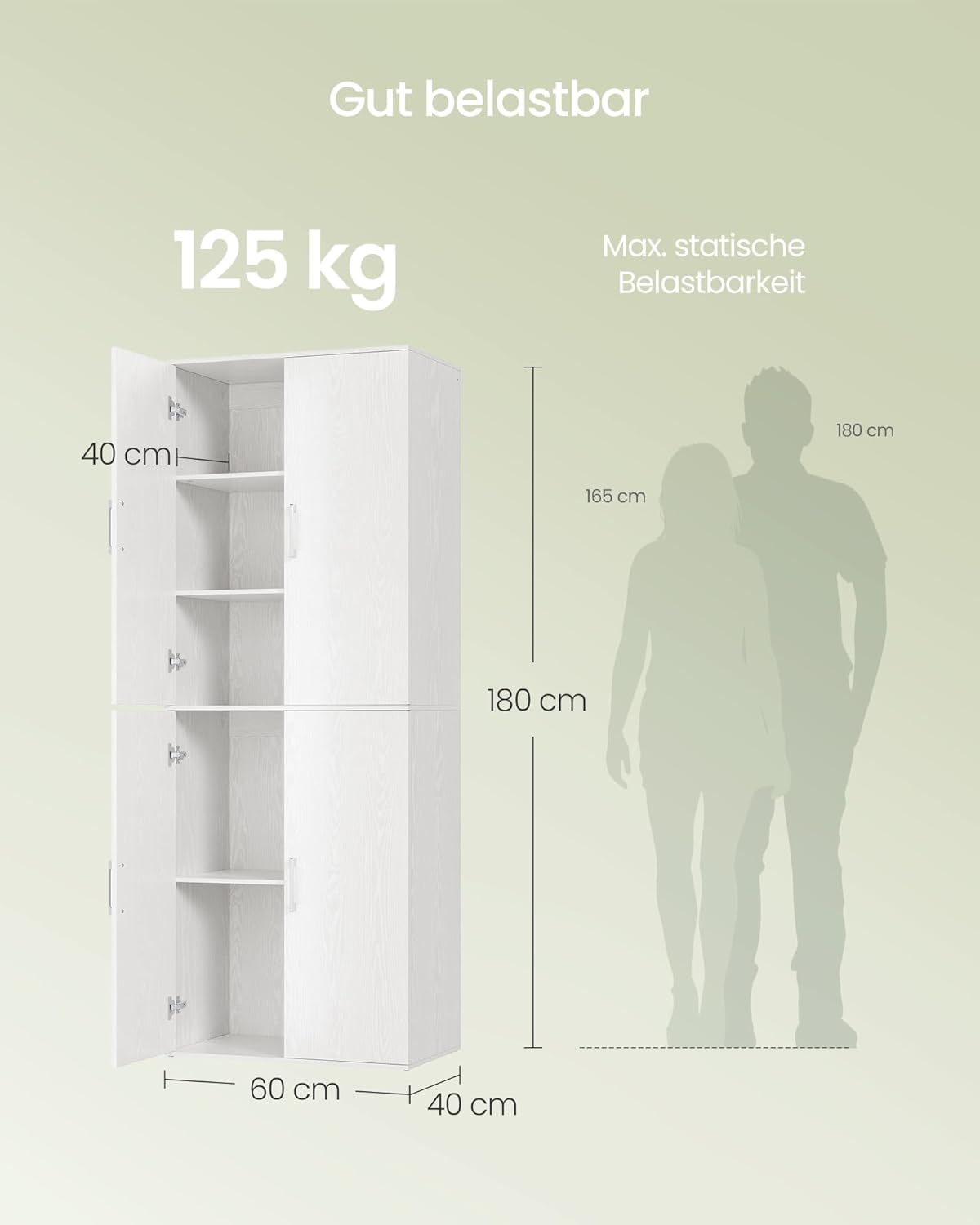 VASAGLE Mehrzweckschrank, mit 4 Türen, 5 Ablagen, Büroschrank, Aufbewahrungsschrank, Kleiderschrank, mit Griffen, Holzspanplatte, 60 x 40 x 180 cm, schneeweiß OFC091WE01 — Ansicht 3