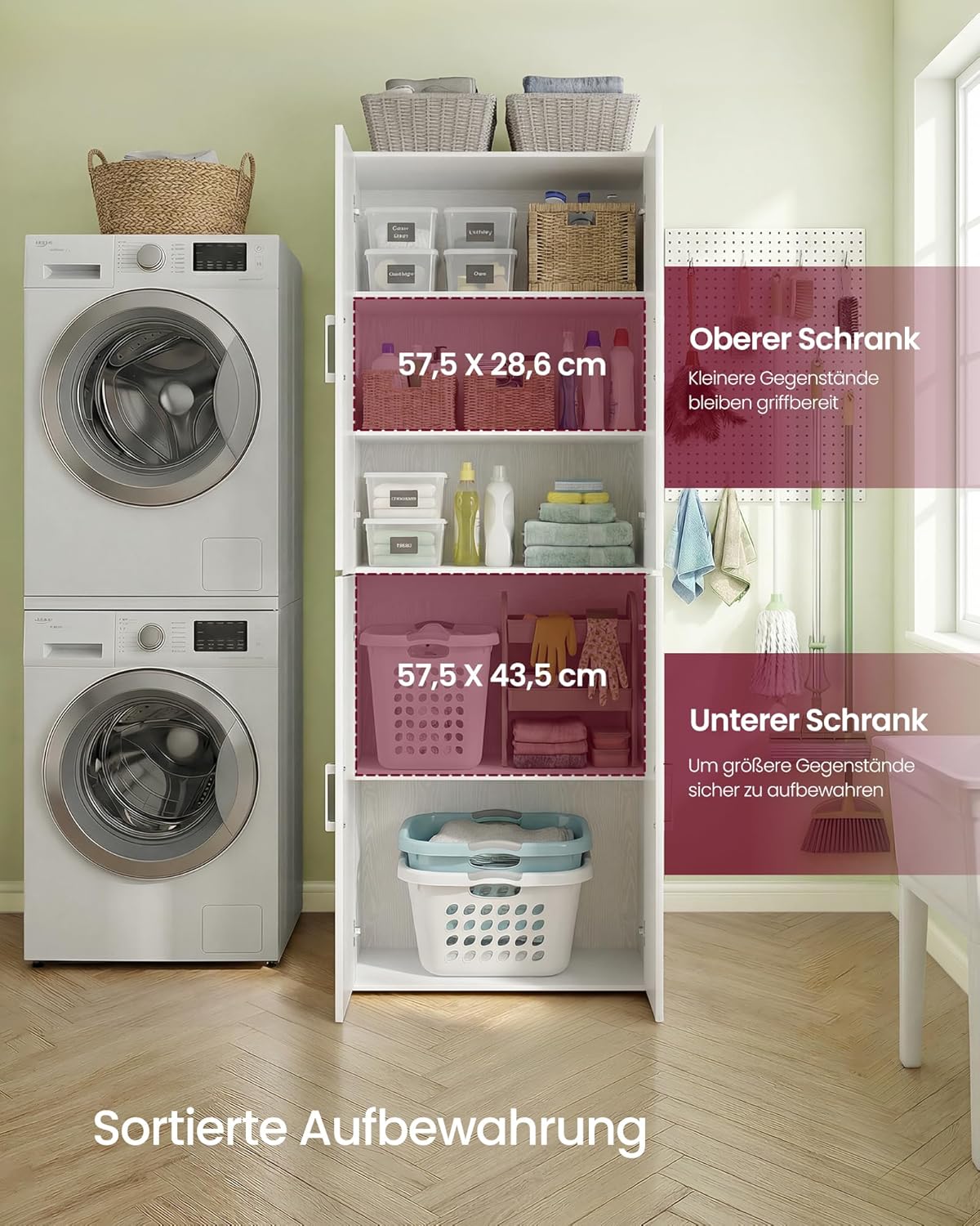 VASAGLE Mehrzweckschrank, mit 4 Türen, 5 Ablagen, Büroschrank, Aufbewahrungsschrank, Kleiderschrank, mit Griffen, Holzspanplatte, 60 x 40 x 180 cm, schneeweiß OFC091WE01 — Ansicht 4