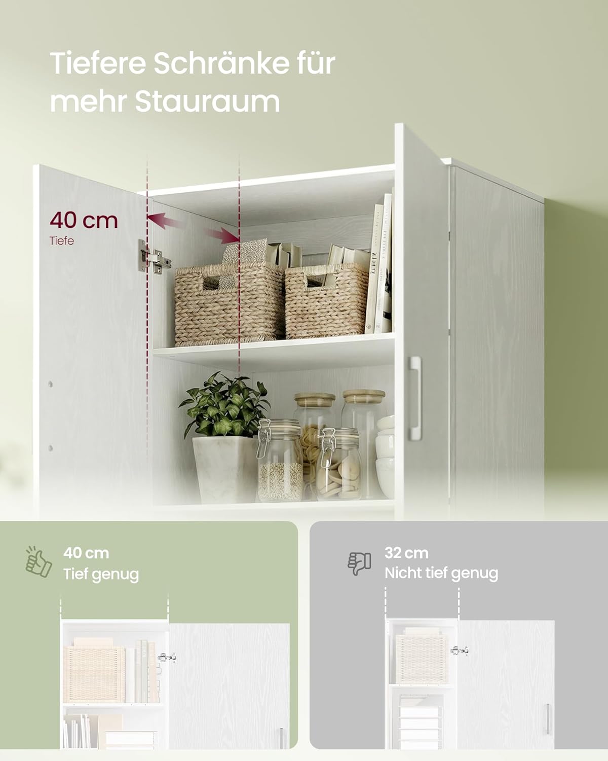 VASAGLE Mehrzweckschrank, mit 4 Türen, 5 Ablagen, Büroschrank, Aufbewahrungsschrank, Kleiderschrank, mit Griffen, Holzspanplatte, 60 x 40 x 180 cm, schneeweiß OFC091WE01 — Ansicht 5