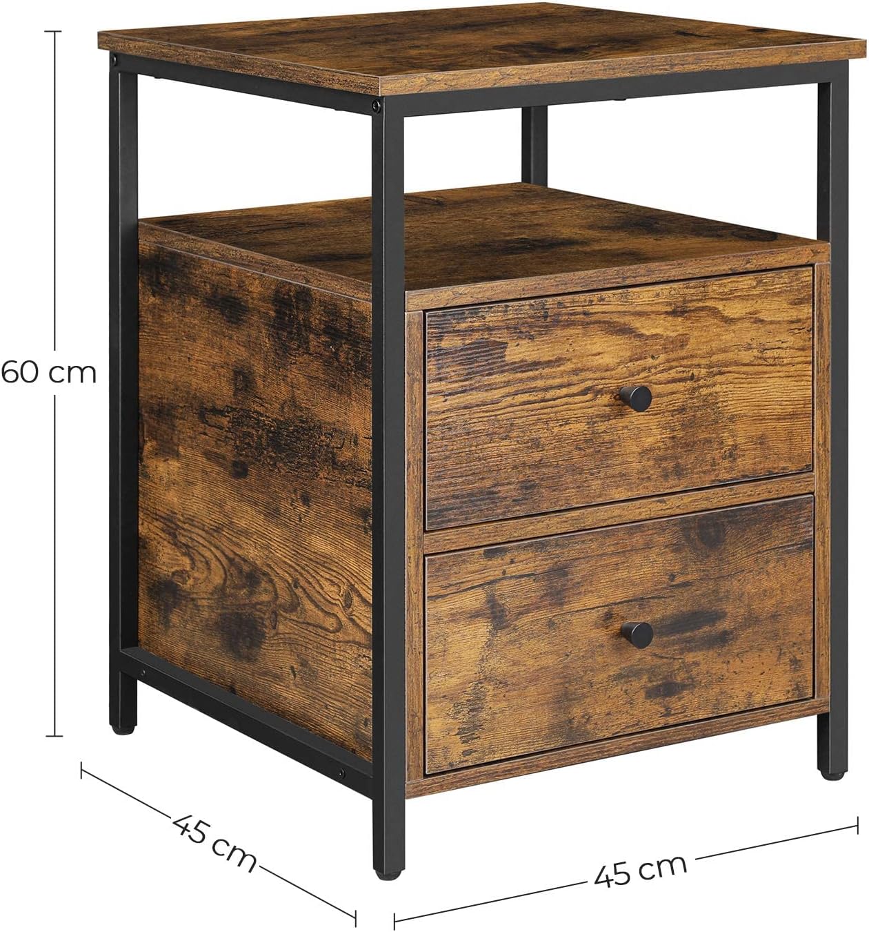 VASAGLE Nachttisch, Beistelltisch, 45 x 45 x 60 cm, mit offenem Fach, 2 Schubladen, für Wohnzimmer, Schlafzimmer, rustikales Braun und Schwarz LET067B01 — Ansicht 3