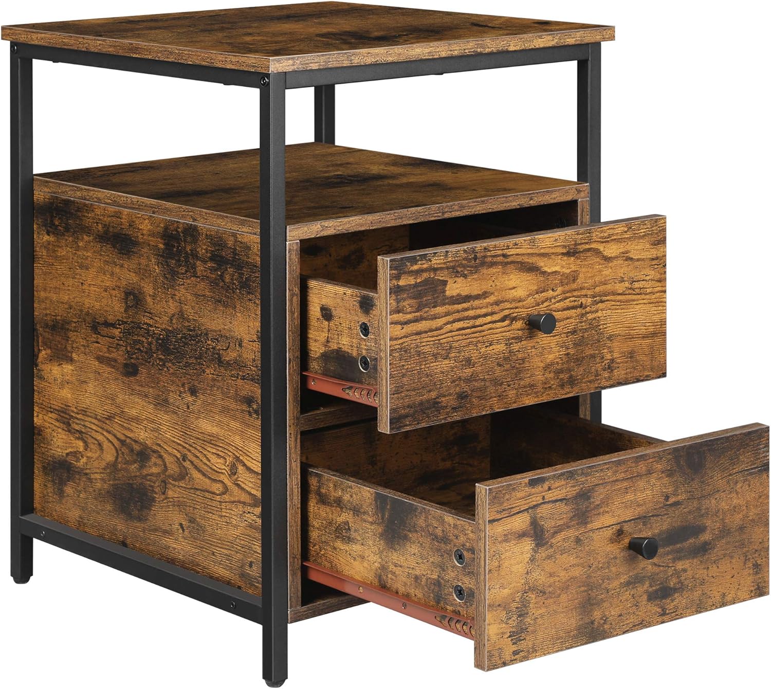 VASAGLE Nachttisch, Beistelltisch, 45 x 45 x 60 cm, mit offenem Fach, 2 Schubladen, für Wohnzimmer, Schlafzimmer, rustikales Braun und Schwarz LET067B01 — Ansicht 5