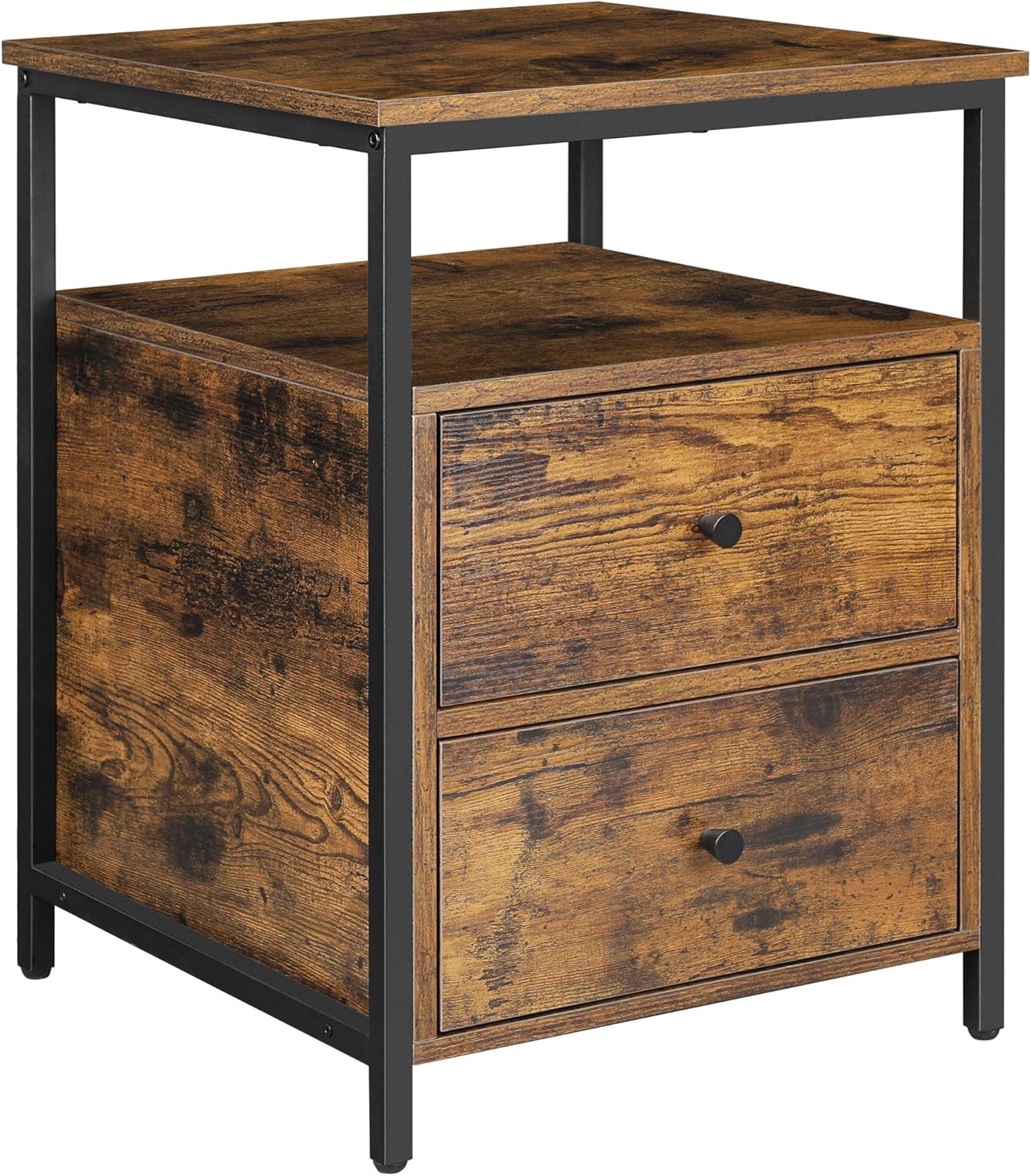 VASAGLE Nachttisch, Beistelltisch, 45 x 45 x 60 cm, mit offenem Fach, 2 Schubladen, für Wohnzimmer, Schlafzimmer, rustikales Braun und Schwarz LET067B01