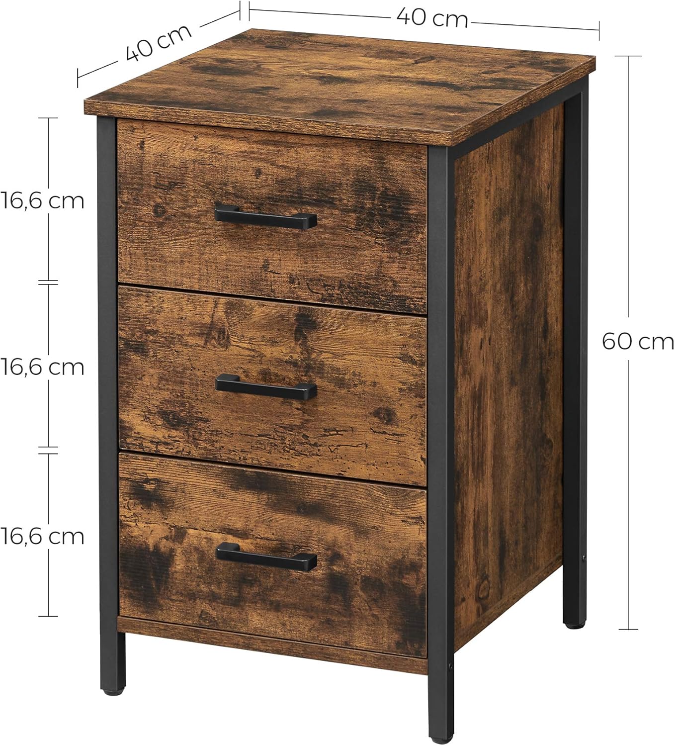 VASAGLE Nachttisch mit 3 Schubladen, Nachtkommode, Beistelltisch, Nachtschrank 40 x 40 x 60 cm, Metallrahmen, Industrie-Design, vintagebraun-schwarz LET509B01 — Ansicht 3
