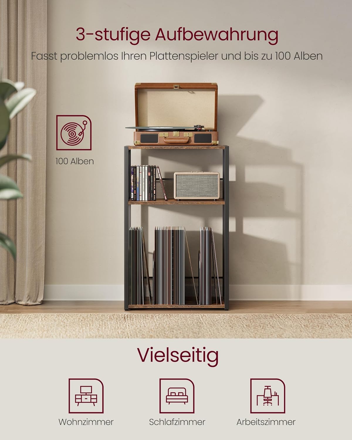 VASAGLE Plattenspieler-Ständer, 3 Etagen, Beistelltisch, Aufbewahrung von Schallplatten, bis zu 100 Alben, Tisch für Wohnzimmer, Schlafzimmer, vintagebraun LET275K01 — Ansicht 4