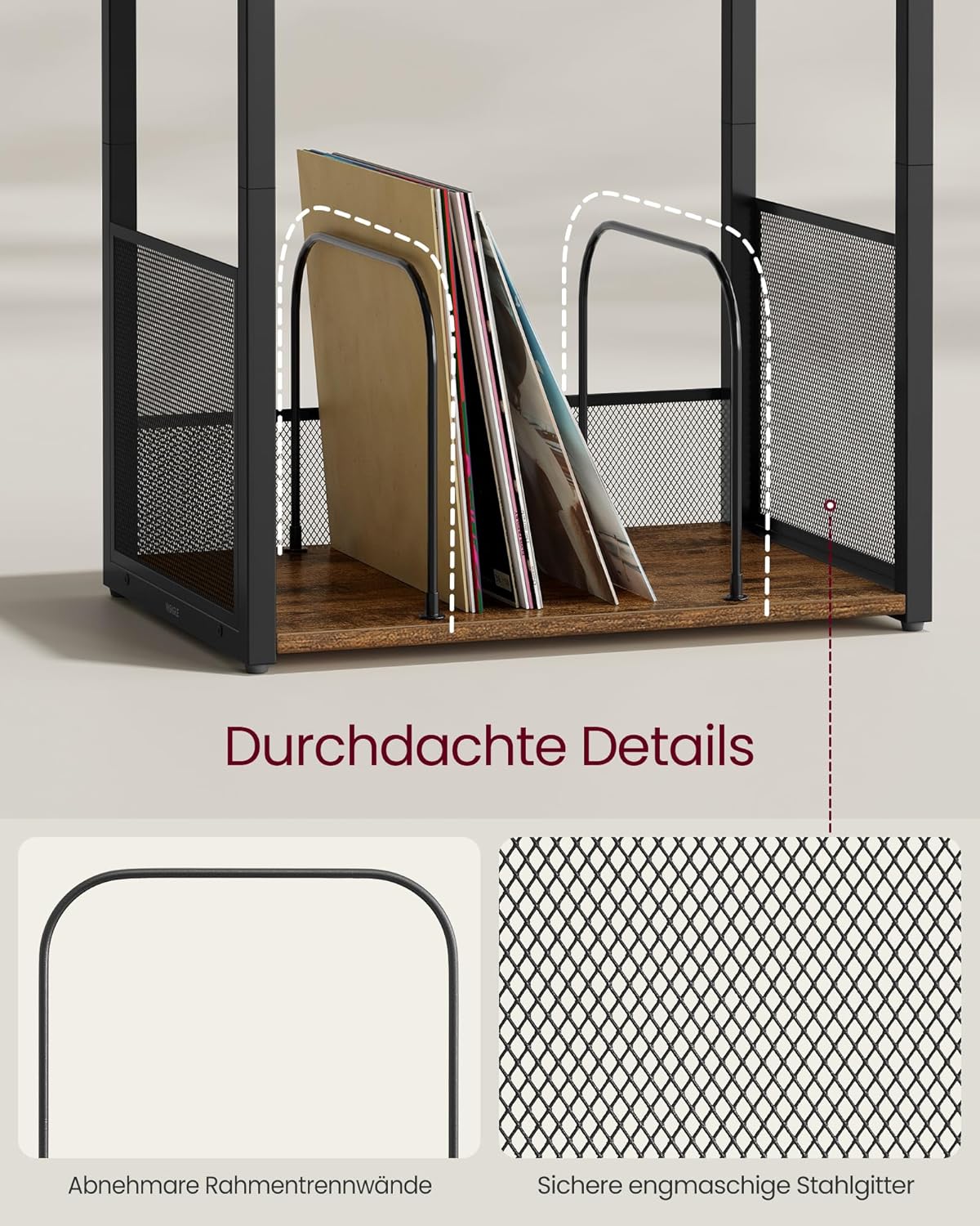 VASAGLE Plattenspieler-Ständer, 3 Etagen, Beistelltisch, Aufbewahrung von Schallplatten, bis zu 100 Alben, Tisch für Wohnzimmer, Schlafzimmer, vintagebraun LET275K01 — Ansicht 5