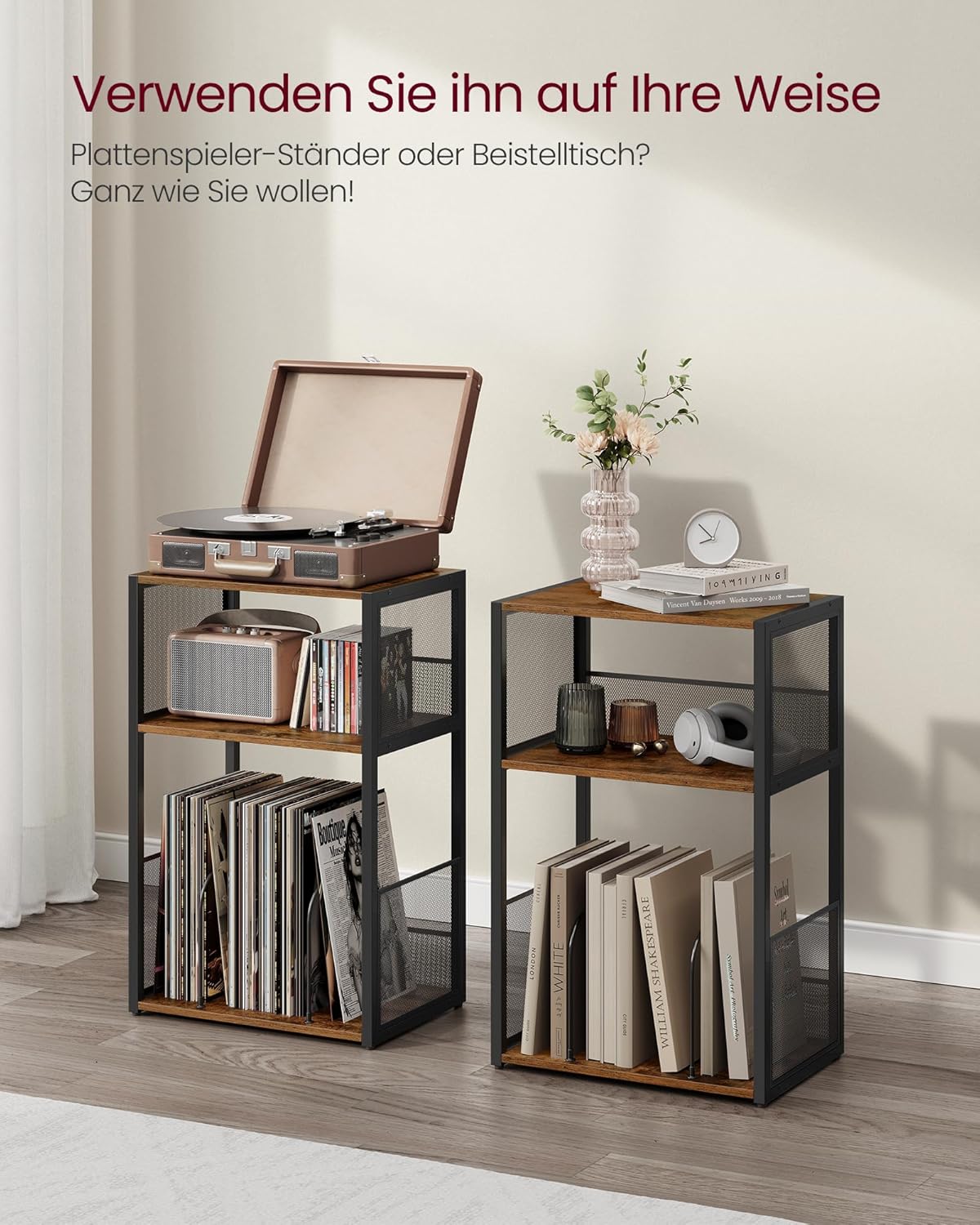 VASAGLE Plattenspieler-Ständer, 3 Etagen, Beistelltisch, Aufbewahrung von Schallplatten, bis zu 100 Alben, Tisch für Wohnzimmer, Schlafzimmer, vintagebraun LET275K01 — Ansicht 6