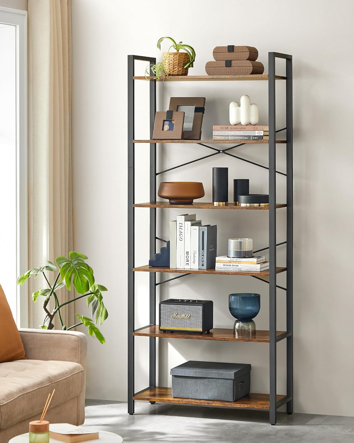 VASAGLE Regal, Bücherregal, Standregal, DVD-Regal, mit 6 Ebenen, Büroregal, offene Ablagen, für Büro, Wohnzimmer, Schlafzimmer, Küche, 30 x 78 x 185,5 cm, vintagebraun-tintenschwarz LLS082B01 — Ansicht 2