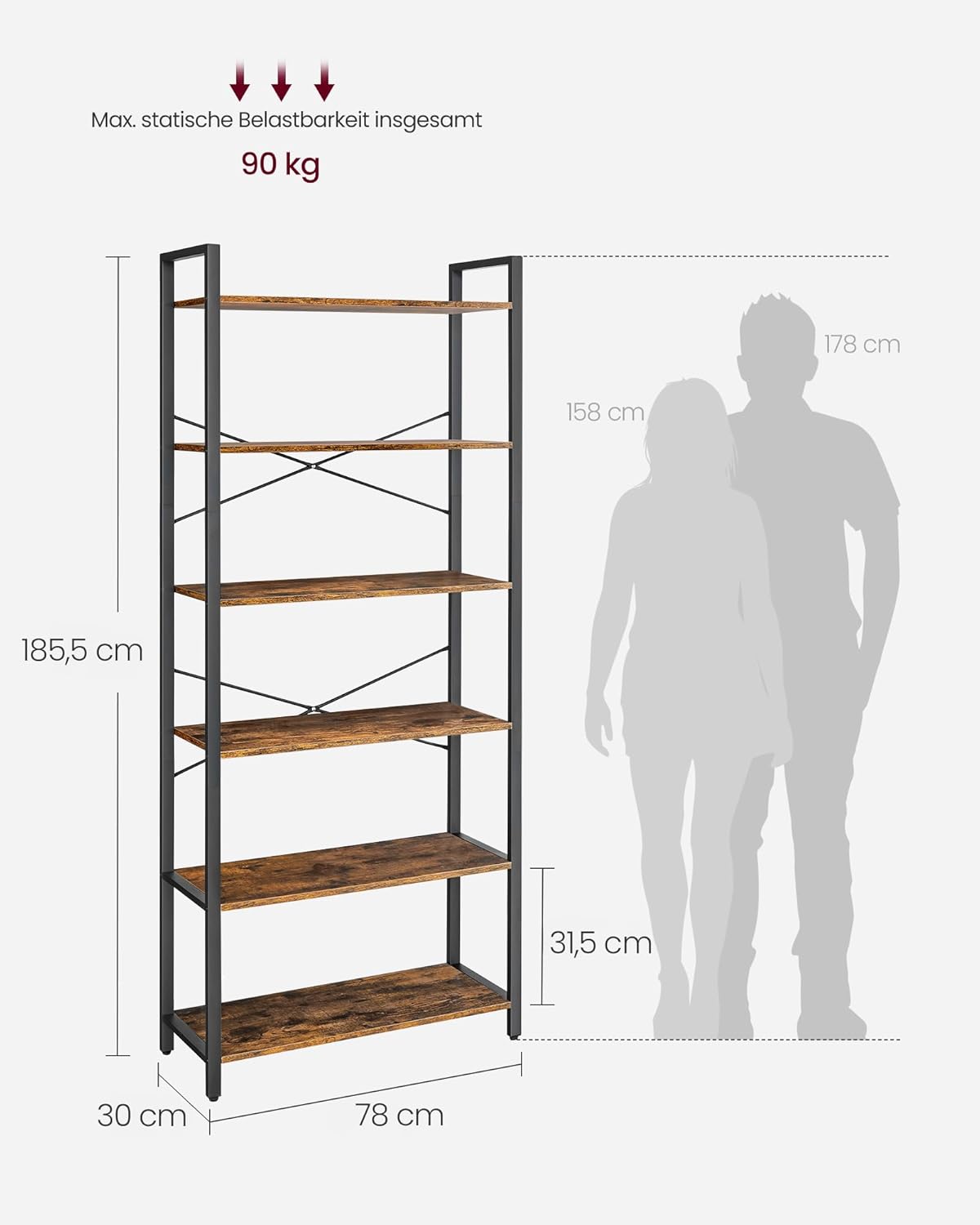 VASAGLE Regal, Bücherregal, Standregal, DVD-Regal, mit 6 Ebenen, Büroregal, offene Ablagen, für Büro, Wohnzimmer, Schlafzimmer, Küche, 30 x 78 x 185,5 cm, vintagebraun-tintenschwarz LLS082B01 — Ansicht 3
