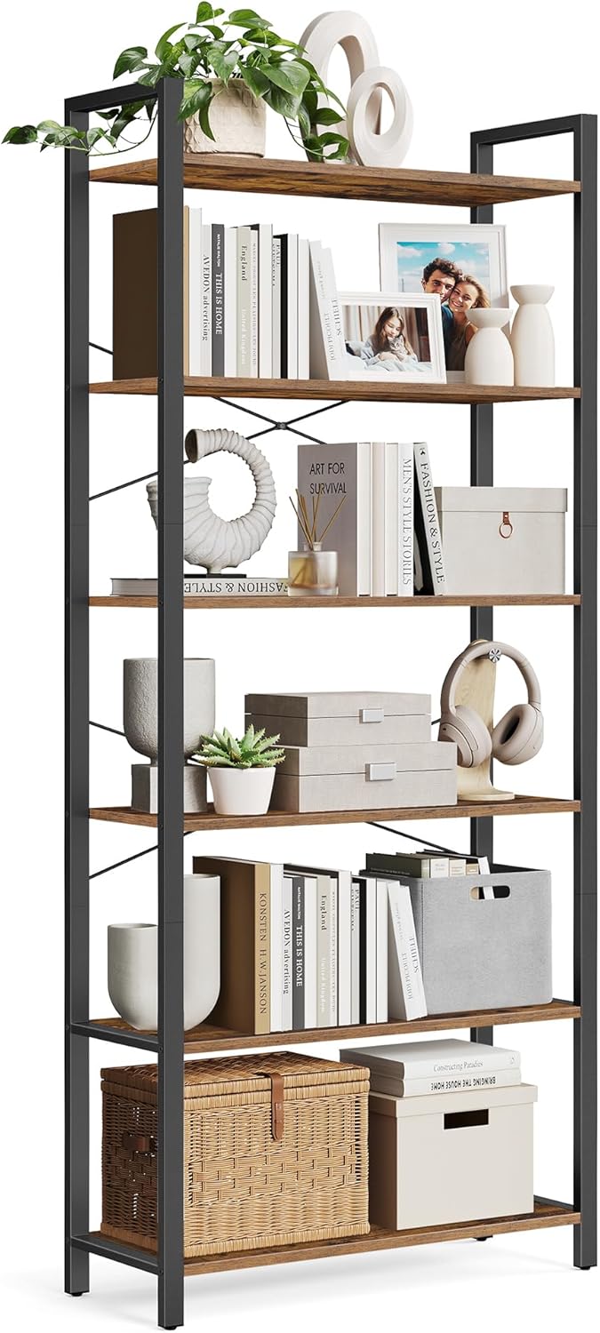 VASAGLE Regal, Bücherregal, Standregal, DVD-Regal, mit 6 Ebenen, Büroregal, offene Ablagen, für Büro, Wohnzimmer, Schlafzimmer, Küche, 30 x 78 x 185,5 cm, vintagebraun-tintenschwarz LLS082B01