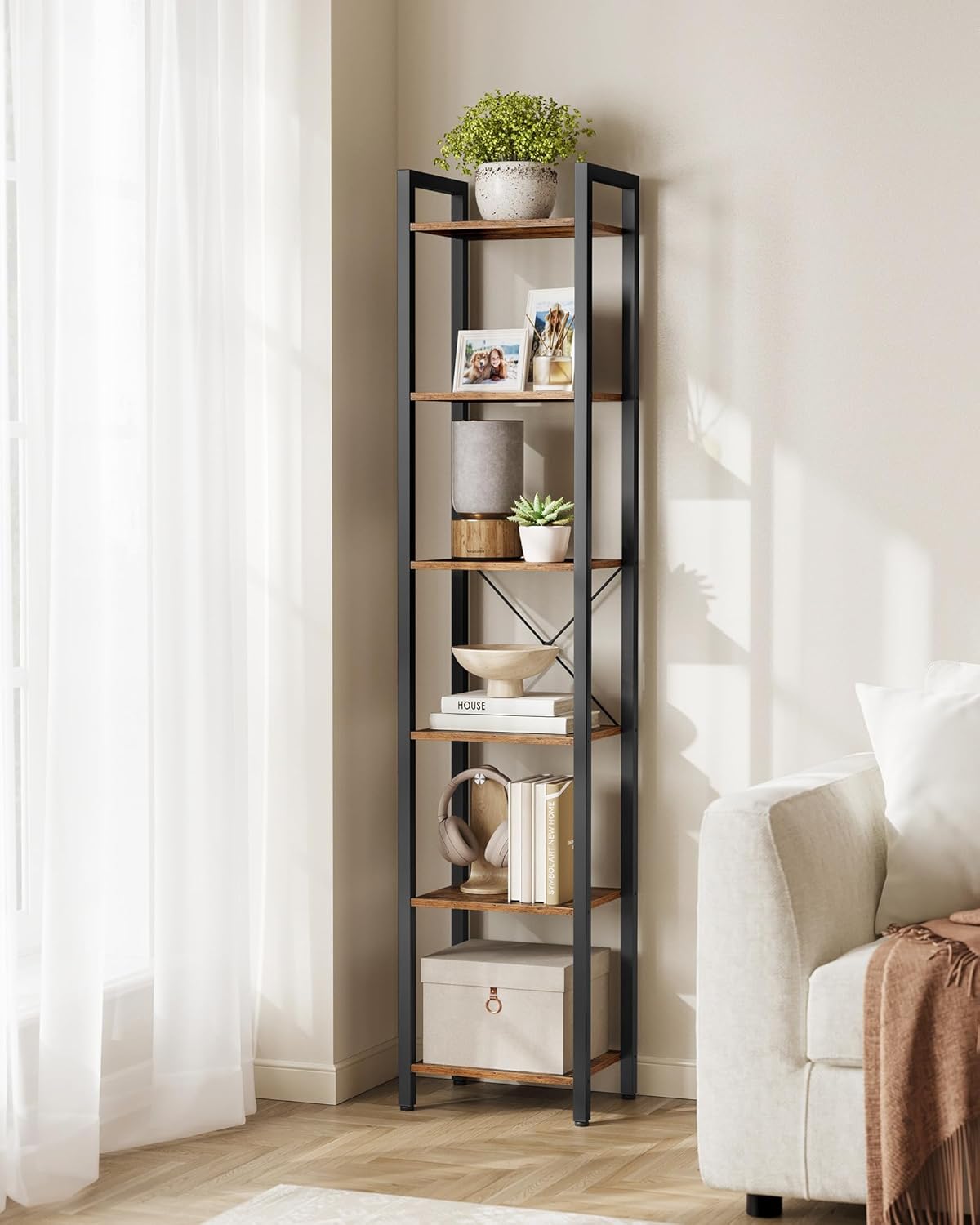 VASAGLE Regal Bücherregal Standregal mit 6 Ebenen, 30 x 40 x 186 cm | DVD-Regal, Büroregal, offene Ablagen, vintagebraun-tintenschwarz, LLS101B01 — Ansicht 2