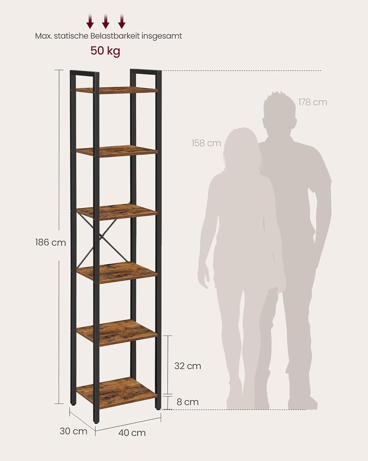 VASAGLE Regal Bücherregal Standregal mit 6 Ebenen, 30 x 40 x 186 cm | DVD-Regal, Büroregal, offene Ablagen, vintagebraun-tintenschwarz, LLS101B01 — Ansicht 3