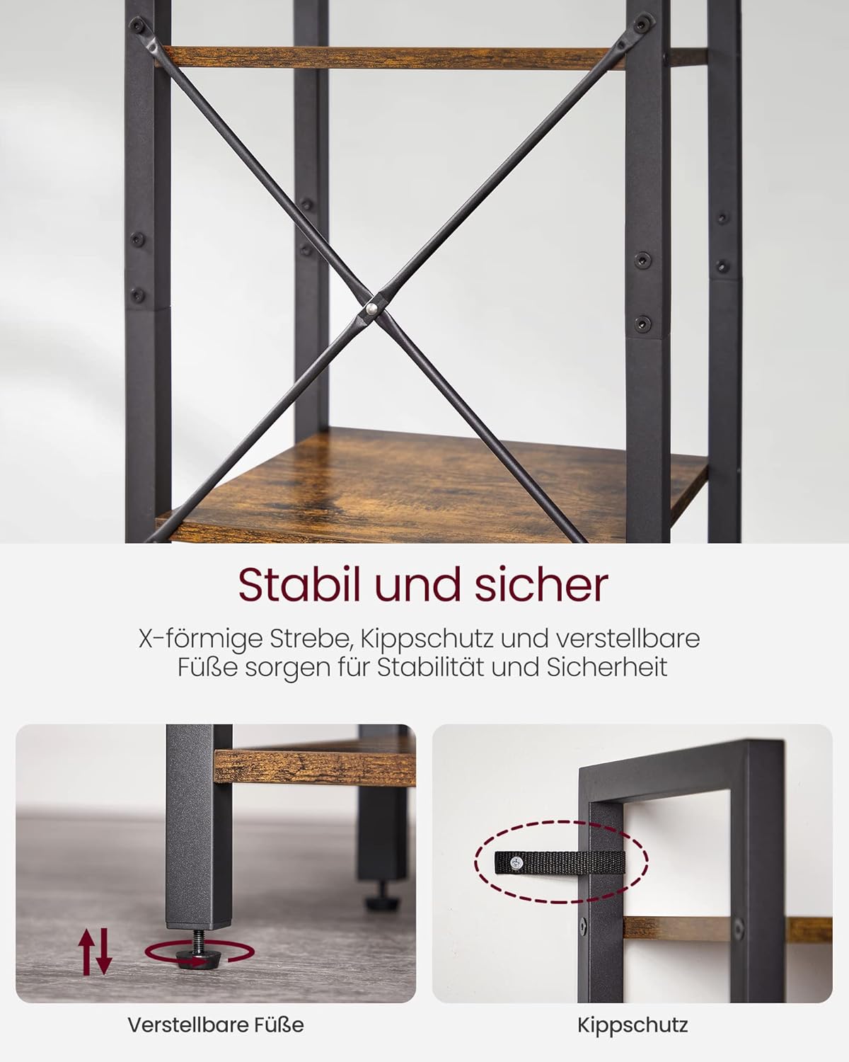 VASAGLE Regal Bücherregal Standregal mit 6 Ebenen, 30 x 40 x 186 cm | DVD-Regal, Büroregal, offene Ablagen, vintagebraun-tintenschwarz, LLS101B01 — Ansicht 5