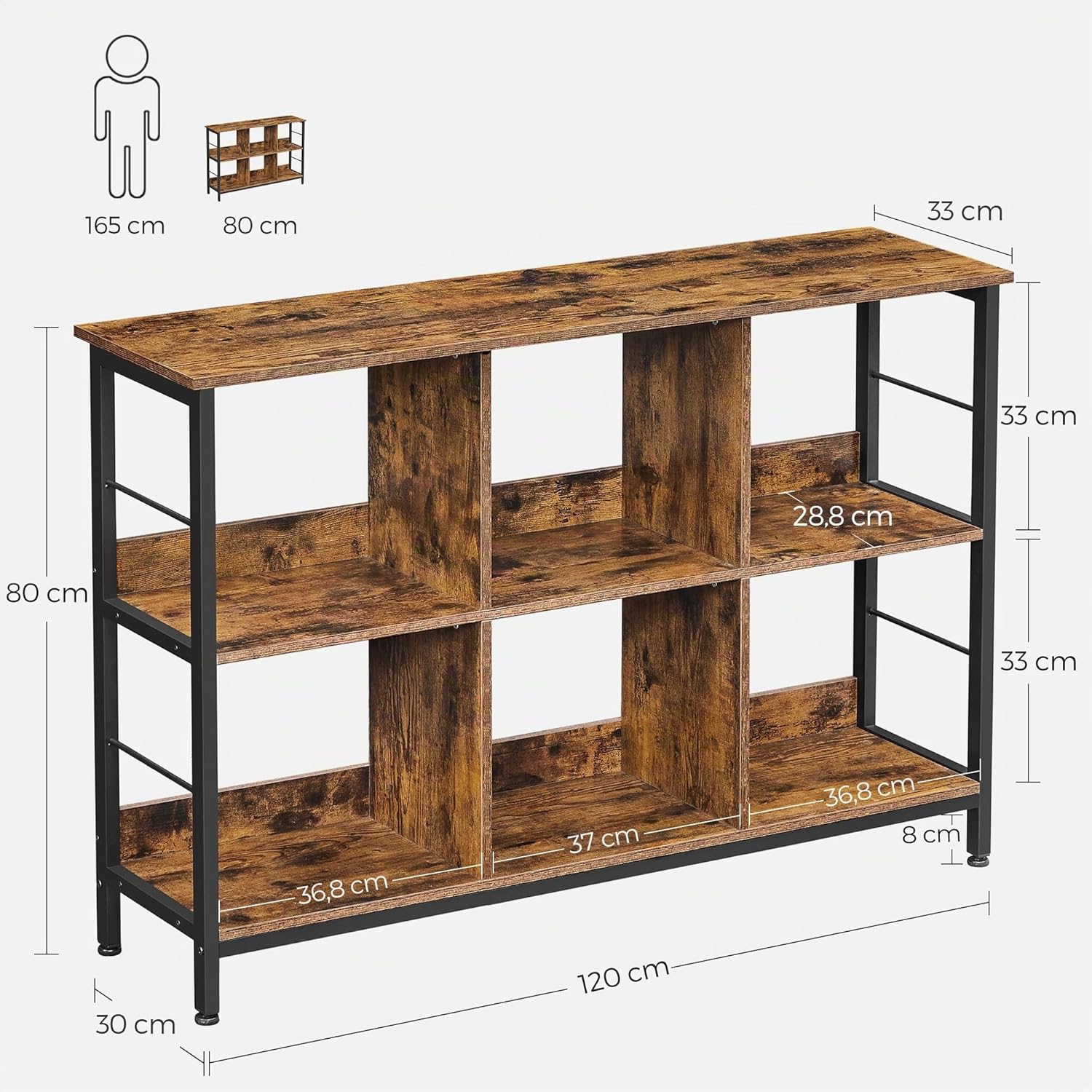 VASAGLE Regal mit 2 Ebenen, Bücherregal, Standregal mit 6 Fächern, für Wohnzimmer, Schlafzimmer, Arbeitszimmer, Küche, 33 x 120 x 80 cm, vintagebraun-schwarz LLS104B01 — Ansicht 3