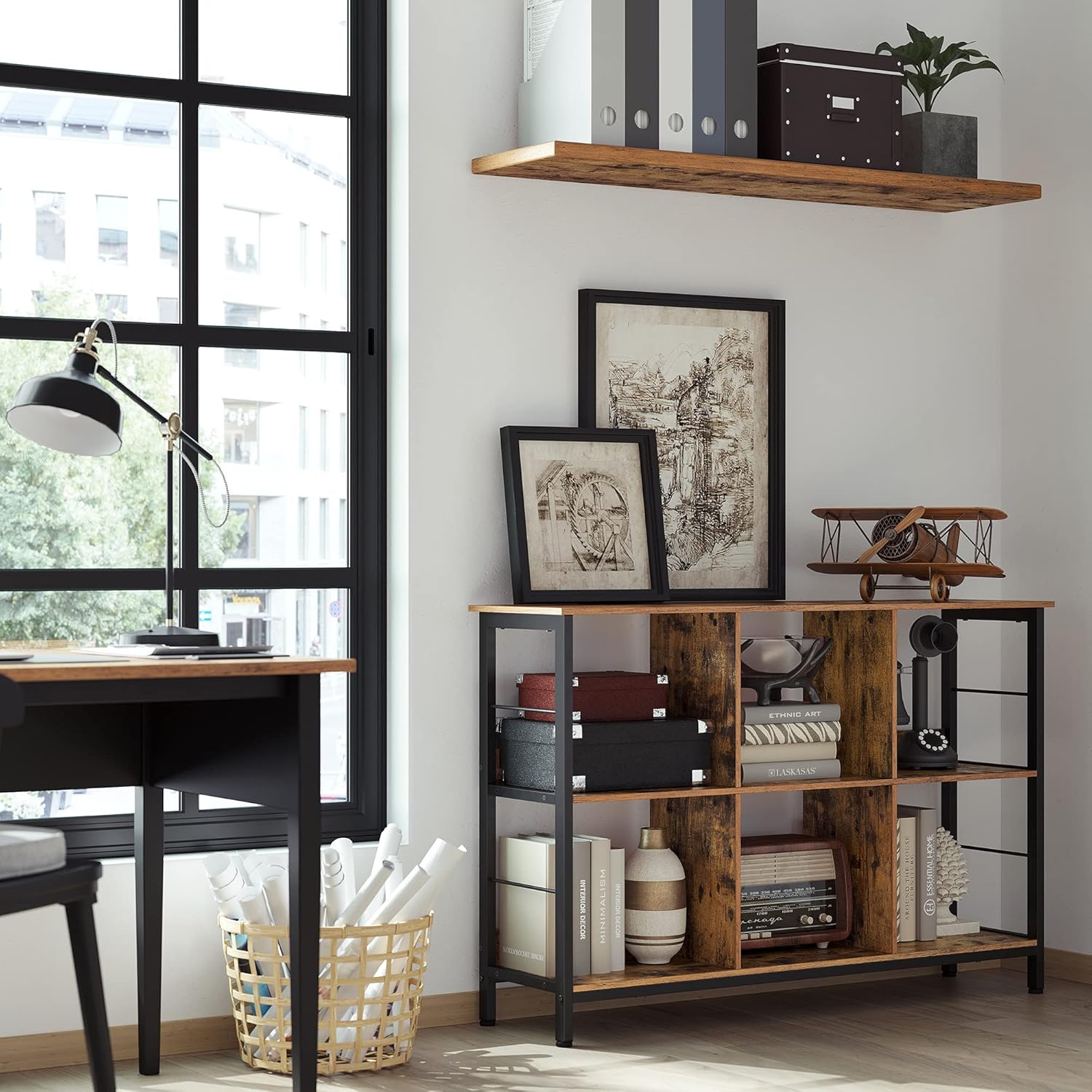 VASAGLE Regal mit 2 Ebenen, Bücherregal, Standregal mit 6 Fächern, für Wohnzimmer, Schlafzimmer, Arbeitszimmer, Küche, 33 x 120 x 80 cm, vintagebraun-schwarz LLS104B01 — Ansicht 4