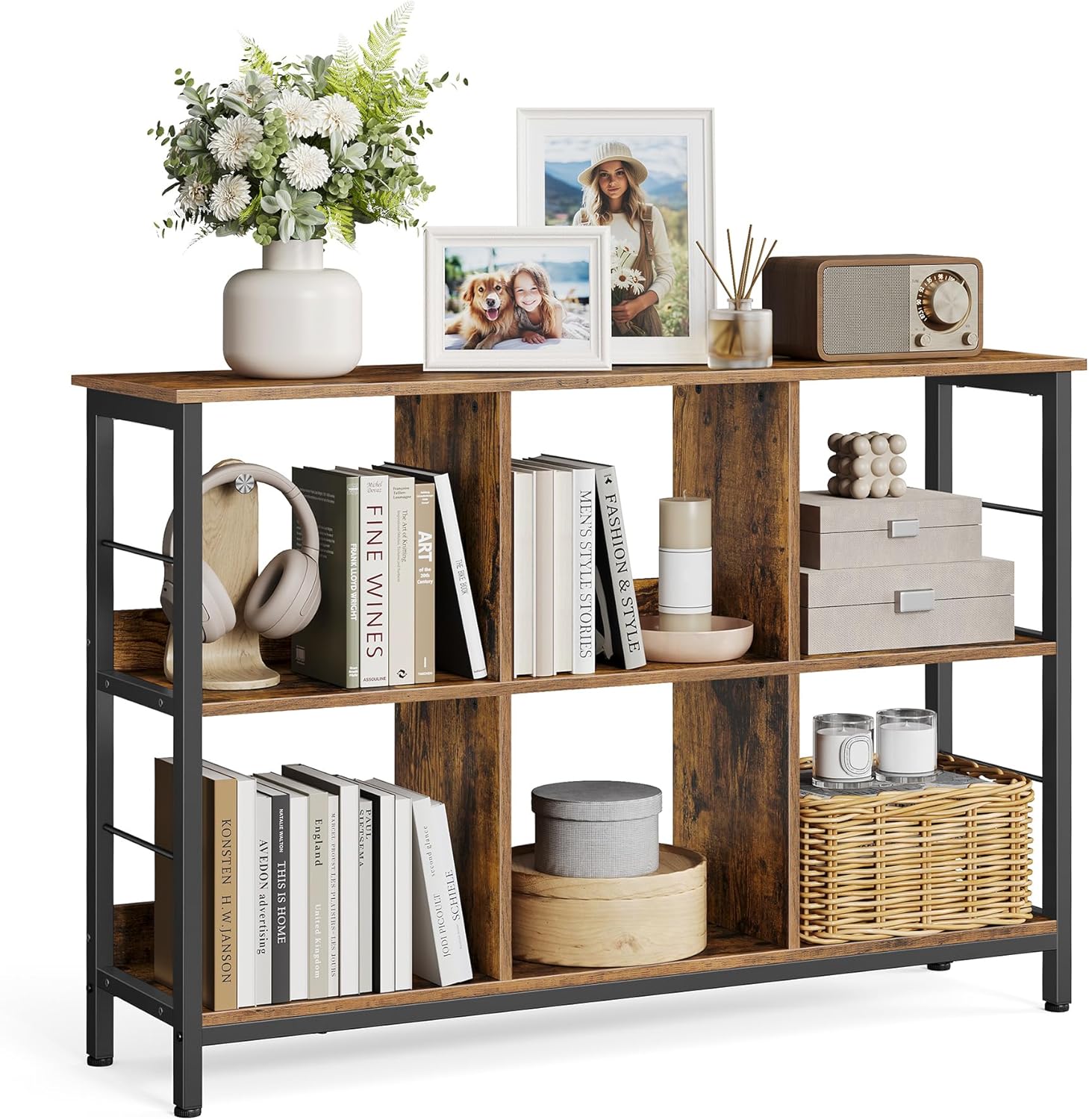 VASAGLE Regal mit 2 Ebenen, Bücherregal, Standregal mit 6 Fächern, für Wohnzimmer, Schlafzimmer, Arbeitszimmer, Küche, 33 x 120 x 80 cm, vintagebraun-schwarz LLS104B01