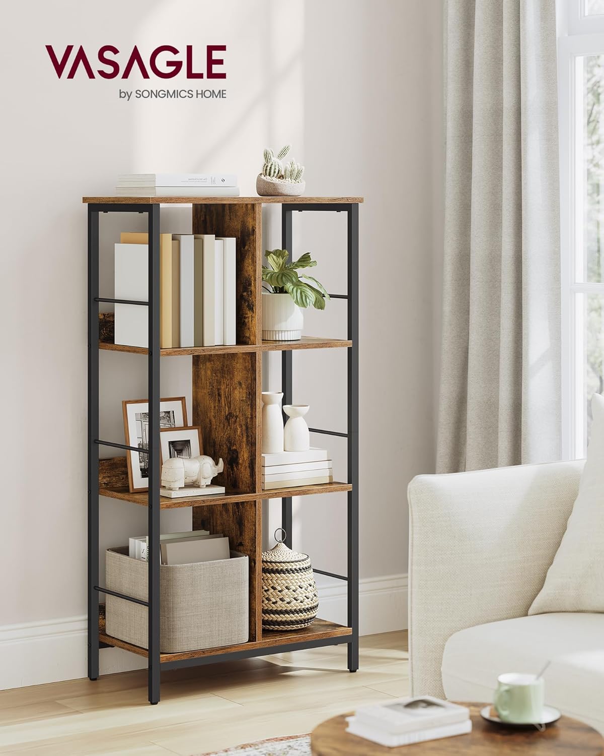 VASAGLE Regal mit 3 Ebenen, Bücherregal, Standregal mit 6 Fächern, für Wohnzimmer, Schlafzimmer, Arbeitszimmer, Küche, 30 x 60 x 114 cm, vintagebraun-tintenschwarz LLS178KD01 — Ansicht 2