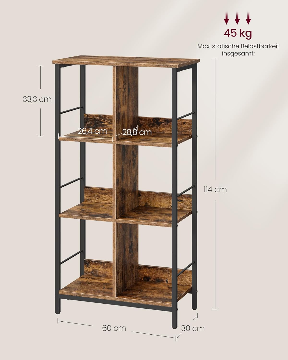 VASAGLE Regal mit 3 Ebenen, Bücherregal, Standregal mit 6 Fächern, für Wohnzimmer, Schlafzimmer, Arbeitszimmer, Küche, 30 x 60 x 114 cm, vintagebraun-tintenschwarz LLS178KD01 — Ansicht 3