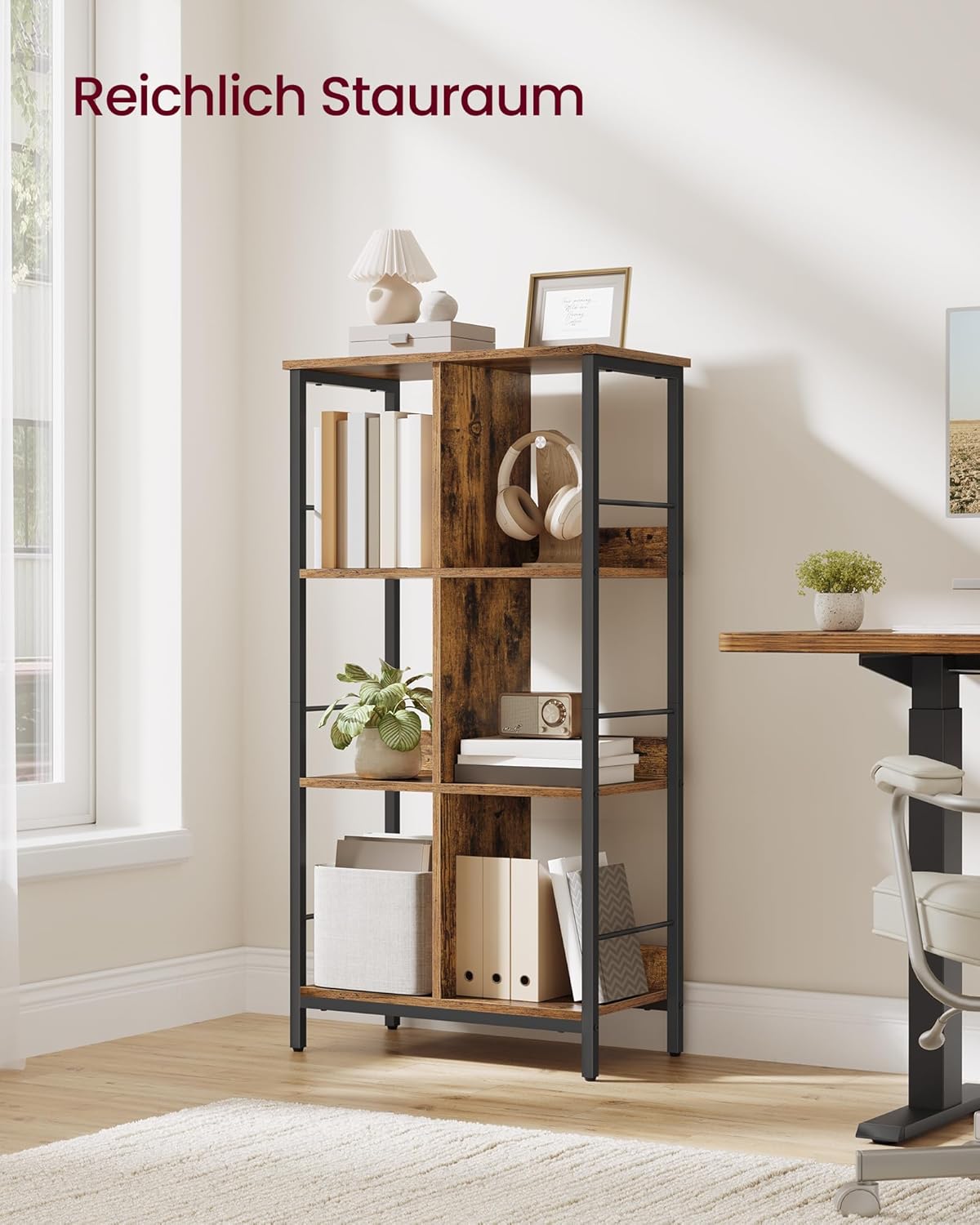 VASAGLE Regal mit 3 Ebenen, Bücherregal, Standregal mit 6 Fächern, für Wohnzimmer, Schlafzimmer, Arbeitszimmer, Küche, 30 x 60 x 114 cm, vintagebraun-tintenschwarz LLS178KD01 — Ansicht 4