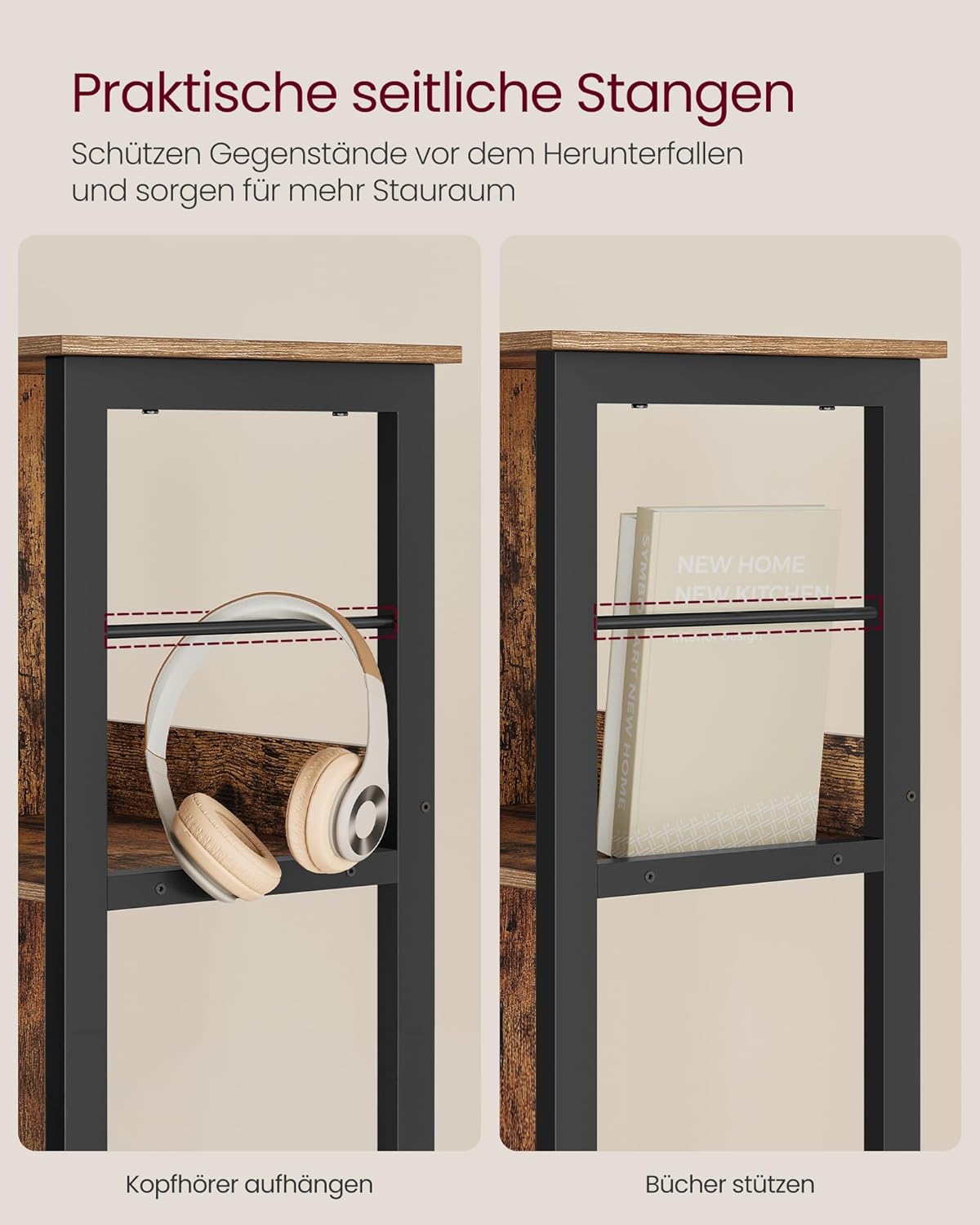 VASAGLE Regal mit 3 Ebenen, Bücherregal, Standregal mit 6 Fächern, für Wohnzimmer, Schlafzimmer, Arbeitszimmer, Küche, 30 x 60 x 114 cm, vintagebraun-tintenschwarz LLS178KD01 — Ansicht 6