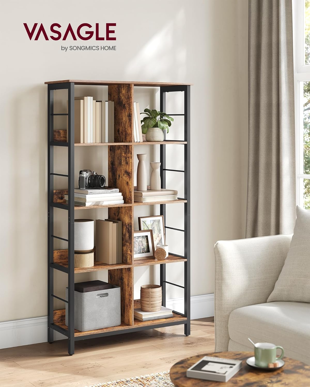 VASAGLE Regal mit 4 Ebenen, Bücherregal, Standregal mit 8 Fächern, für Wohnzimmer, Schlafzimmer, Arbeitszimmer, Küche, 33 x 80 x 149 cm, vintagebraun-tintenschwarz LLS105B01 — Ansicht 2