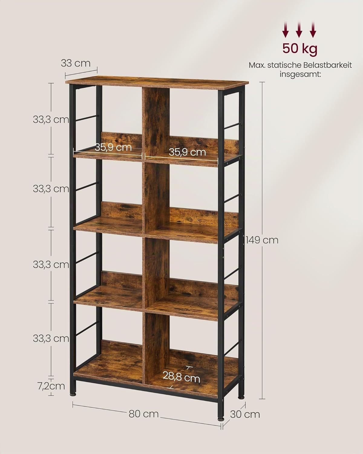 VASAGLE Regal mit 4 Ebenen, Bücherregal, Standregal mit 8 Fächern, für Wohnzimmer, Schlafzimmer, Arbeitszimmer, Küche, 33 x 80 x 149 cm, vintagebraun-tintenschwarz LLS105B01 — Ansicht 3