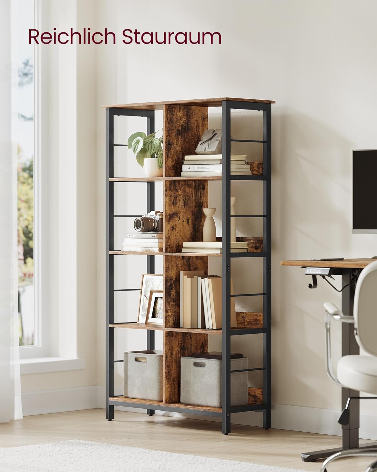 VASAGLE Regal mit 4 Ebenen, Bücherregal, Standregal mit 8 Fächern, für Wohnzimmer, Schlafzimmer, Arbeitszimmer, Küche, 33 x 80 x 149 cm, vintagebraun-tintenschwarz LLS105B01 — Ansicht 4