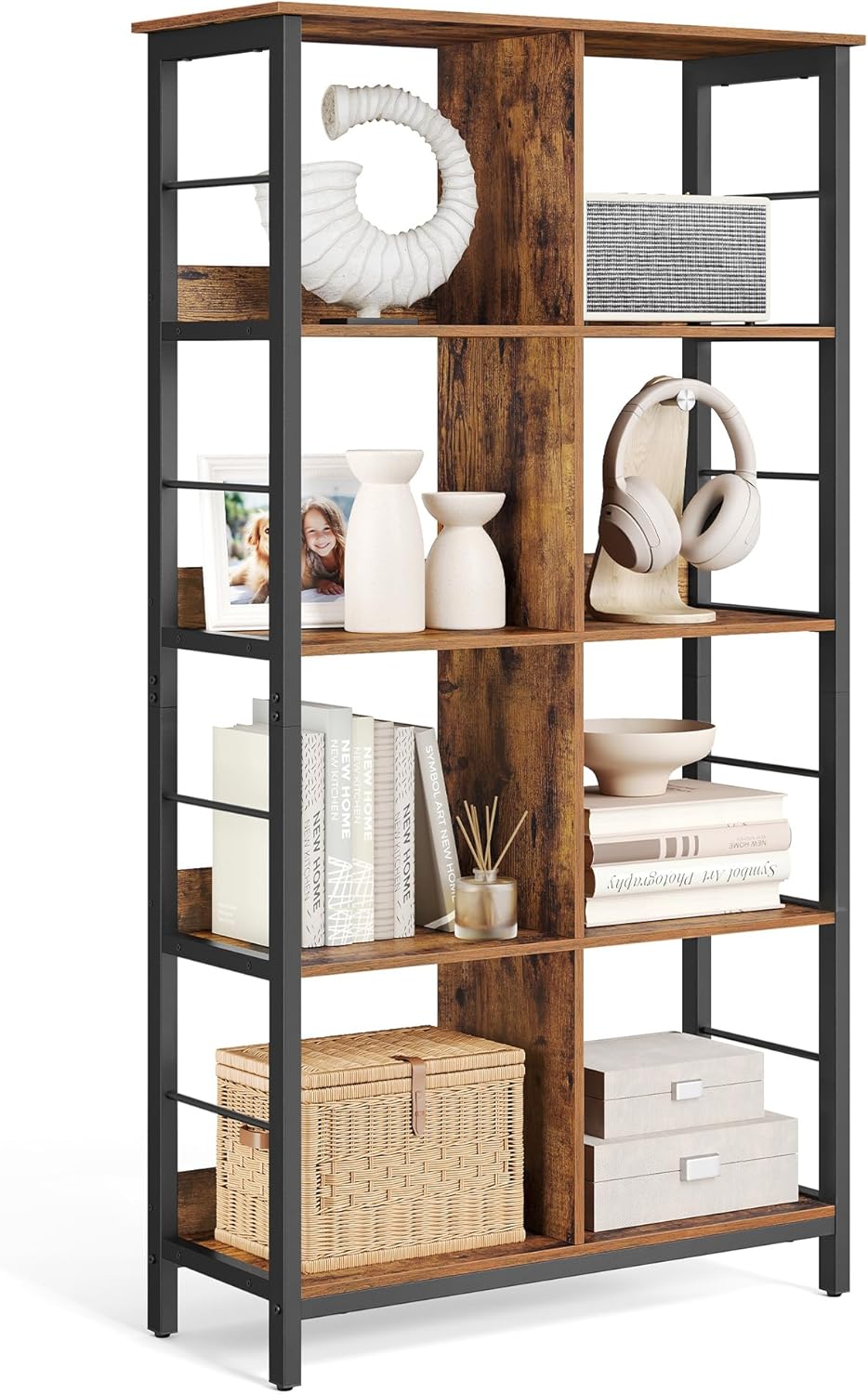 VASAGLE Regal mit 4 Ebenen, Bücherregal, Standregal mit 8 Fächern, für Wohnzimmer, Schlafzimmer, Arbeitszimmer, Küche, 33 x 80 x 149 cm, vintagebraun-tintenschwarz LLS105B01