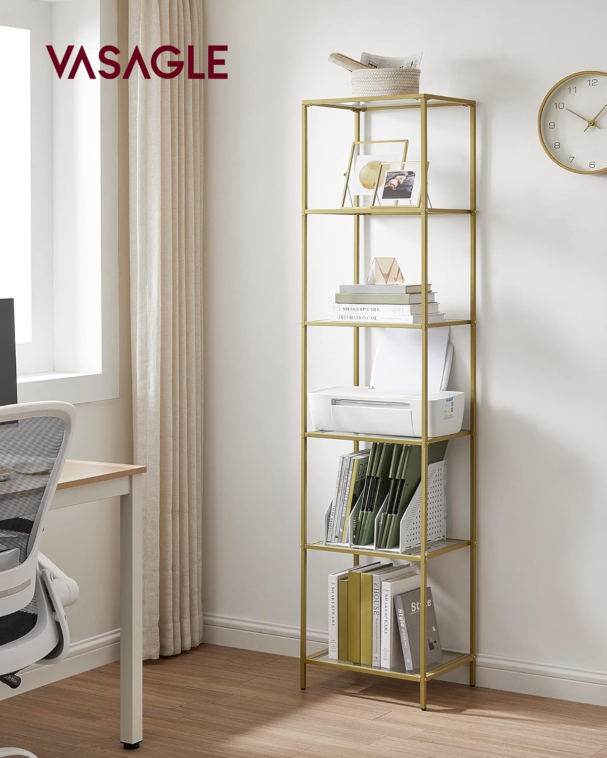 VASAGLE Regal mit 6 Ablagen, Badregal, gehärtetes Glas, einfache Montage, für Badezimmer, Wohnzimmer, Küche, Büro, transparent-metallisches Gold LGT500A01 — Ansicht 2