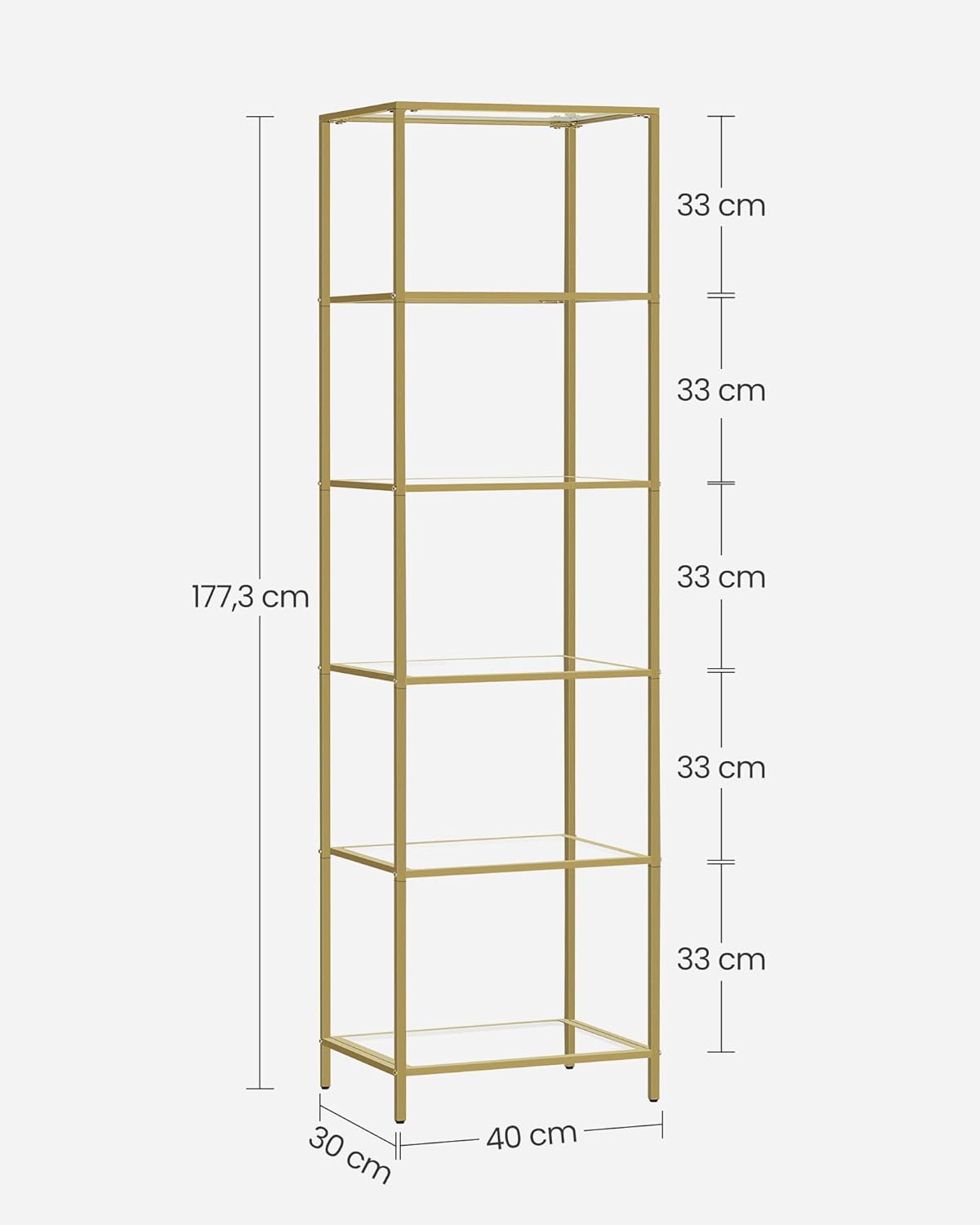 VASAGLE Regal mit 6 Ablagen, Badregal, gehärtetes Glas, einfache Montage, für Badezimmer, Wohnzimmer, Küche, Büro, transparent-metallisches Gold LGT500A01 — Ansicht 3