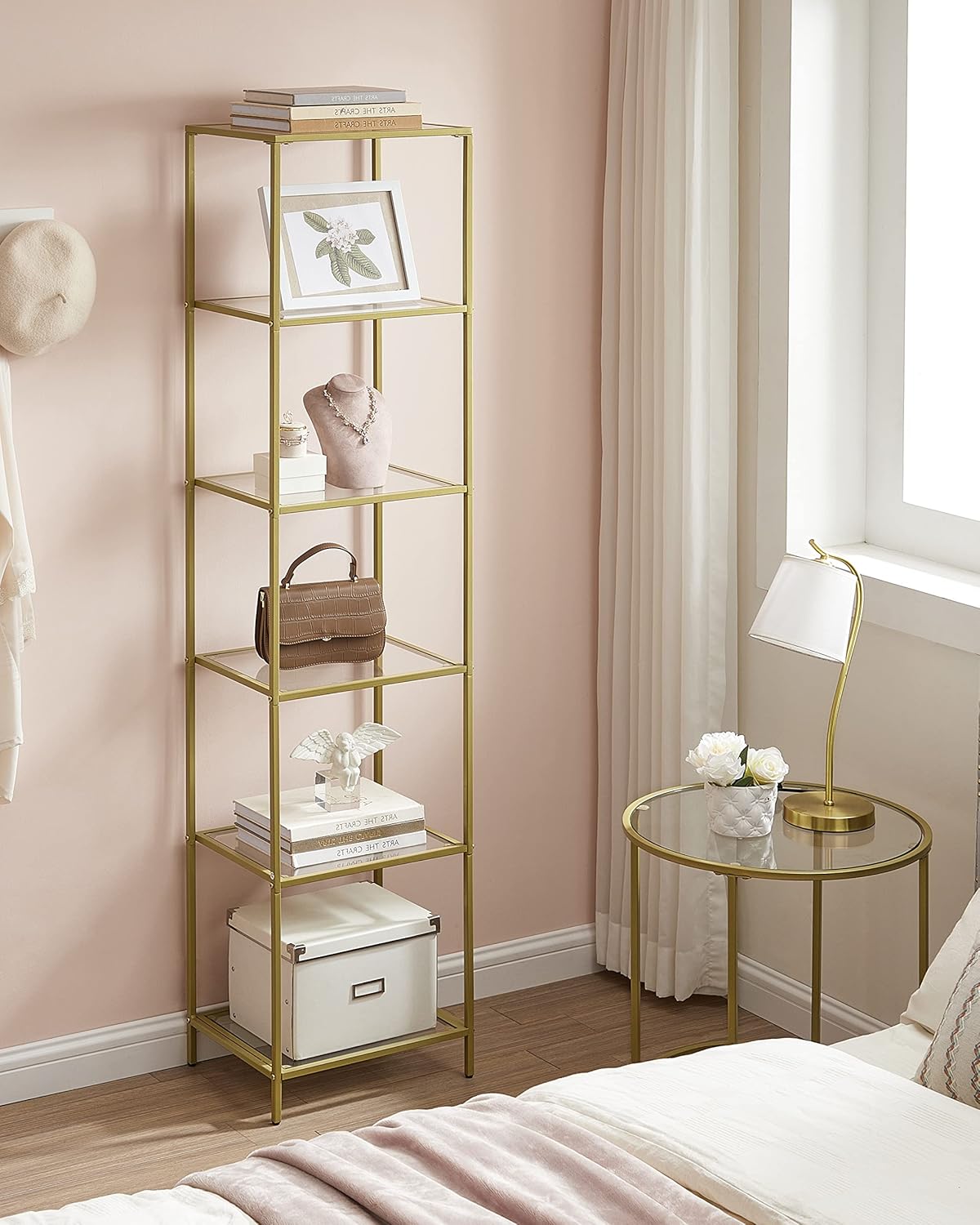 VASAGLE Regal mit 6 Ablagen, Badregal, gehärtetes Glas, einfache Montage, für Badezimmer, Wohnzimmer, Küche, Büro, transparent-metallisches Gold LGT500A01 — Ansicht 4