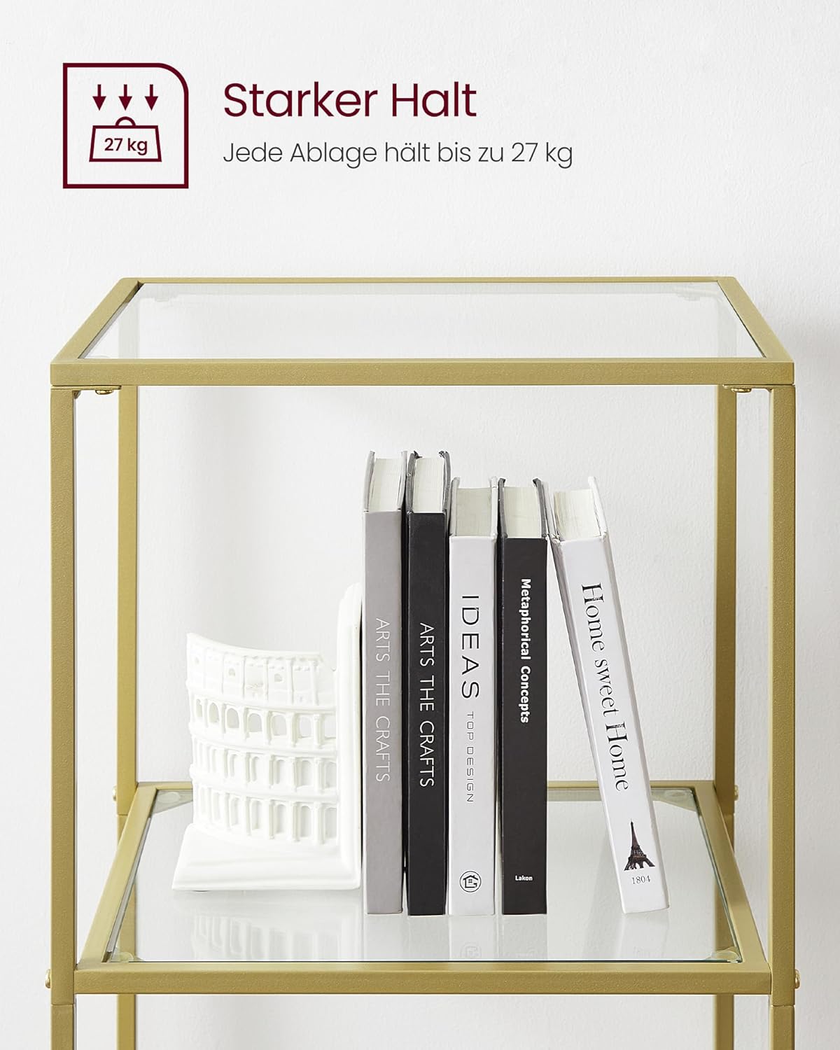 VASAGLE Regal mit 6 Ablagen, Badregal, gehärtetes Glas, einfache Montage, für Badezimmer, Wohnzimmer, Küche, Büro, transparent-metallisches Gold LGT500A01 — Ansicht 5