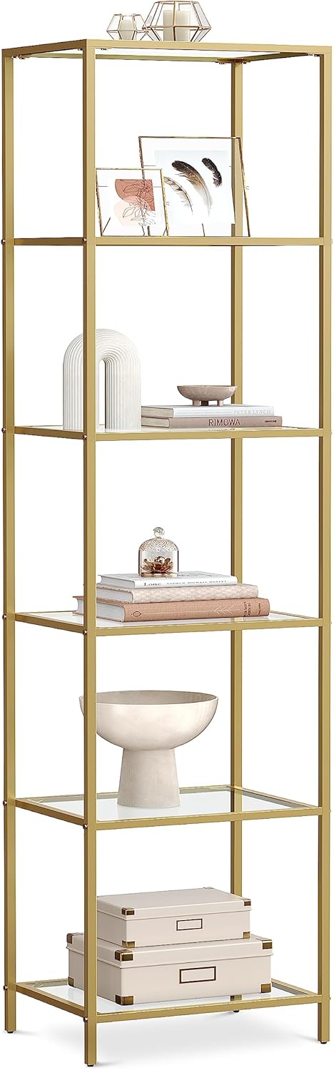 VASAGLE Regal mit 6 Ablagen, Badregal, gehärtetes Glas, einfache Montage, für Badezimmer, Wohnzimmer, Küche, Büro, transparent-metallisches Gold LGT500A01