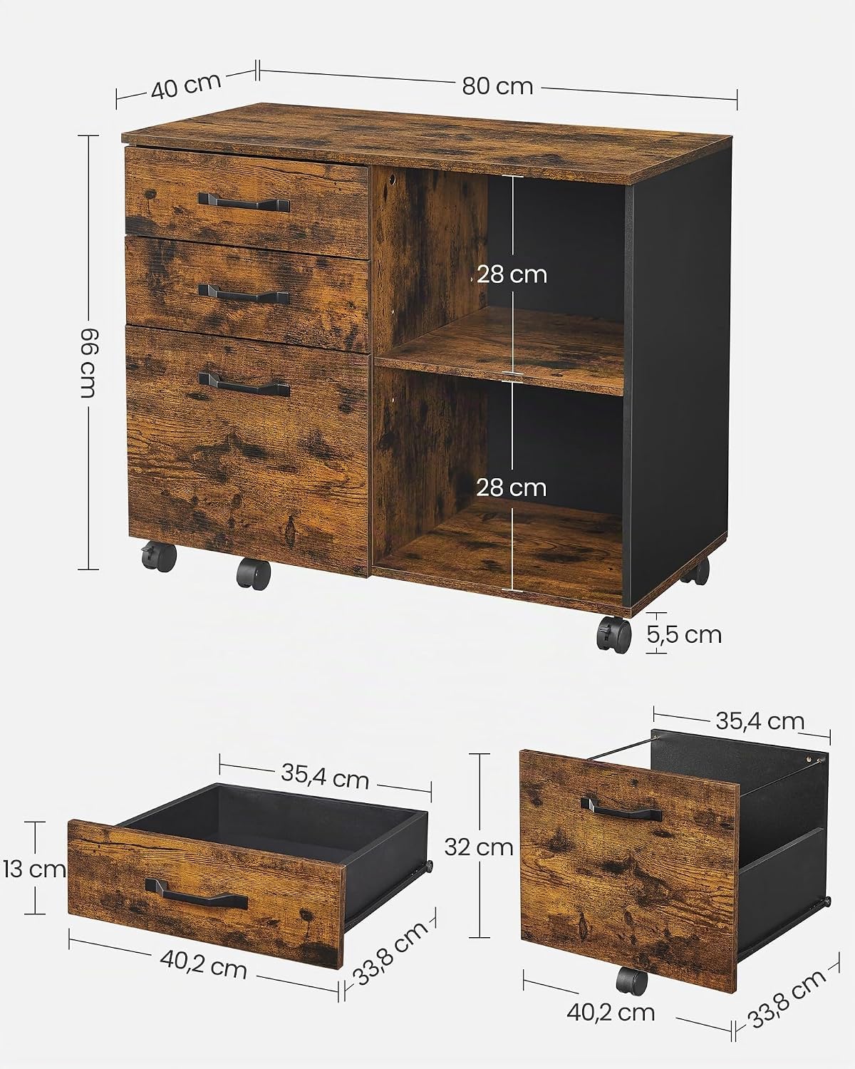 VASAGLE Rollcontainer, Aktenschrank, mit 3 Schubladen und Rollen, offene Fächer, für Dokumente in DIN A4-, Letter-Format, Druckerständer, Industrie-Design, vintagebraun-schwarz OFC041B01 — Ansicht 3