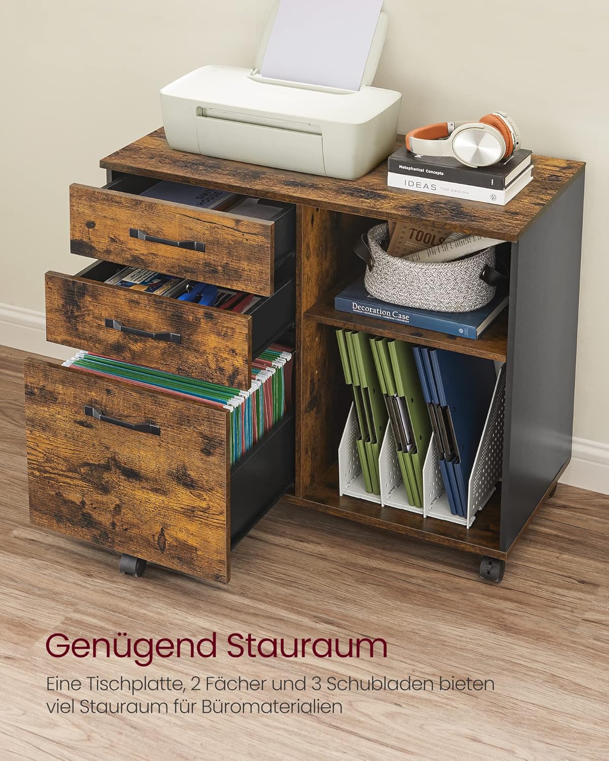 VASAGLE Rollcontainer, Aktenschrank, mit 3 Schubladen und Rollen, offene Fächer, für Dokumente in DIN A4-, Letter-Format, Druckerständer, Industrie-Design, vintagebraun-schwarz OFC041B01 — Ansicht 4