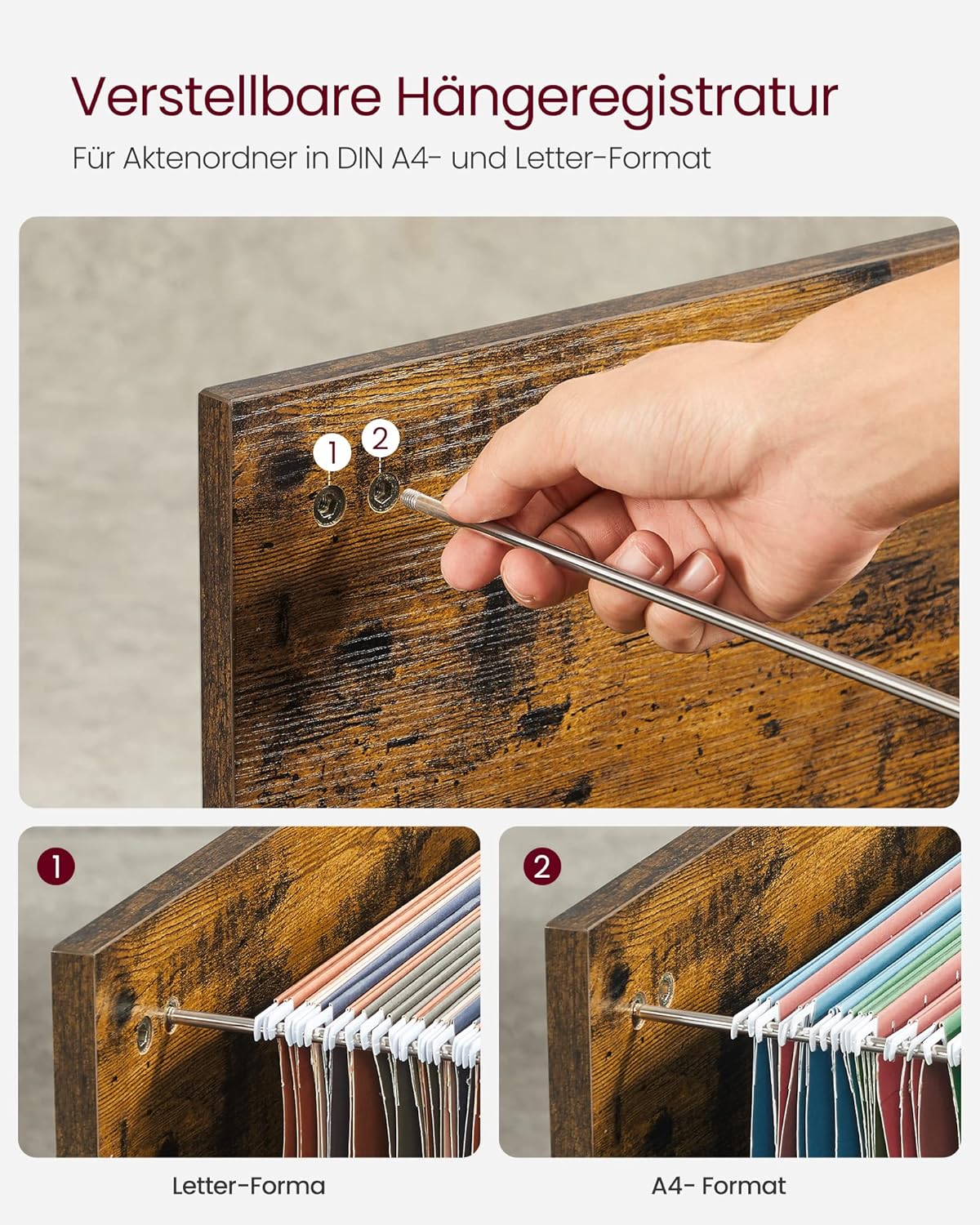 VASAGLE Rollcontainer, Aktenschrank, mit 3 Schubladen und Rollen, offene Fächer, für Dokumente in DIN A4-, Letter-Format, Druckerständer, Industrie-Design, vintagebraun-schwarz OFC041B01 — Ansicht 5