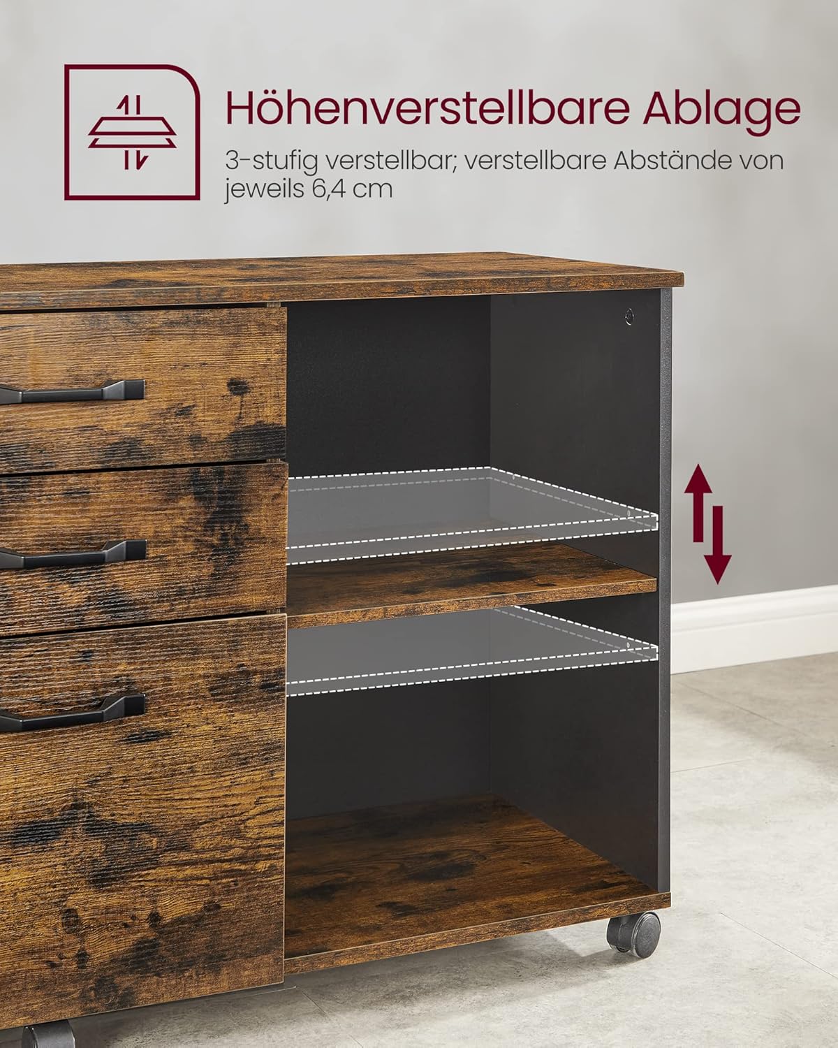 VASAGLE Rollcontainer, Aktenschrank, mit 3 Schubladen und Rollen, offene Fächer, für Dokumente in DIN A4-, Letter-Format, Druckerständer, Industrie-Design, vintagebraun-schwarz OFC041B01 — Ansicht 6