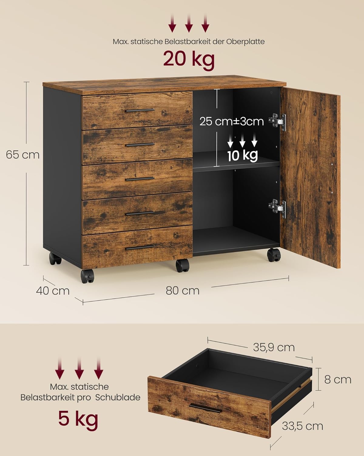 VASAGLE Rollcontainer, mobiler Aktenschrank, Schubladenschrank, Schrank mit Tür, Druckerständer mit 5 Schubladen, mit schraubenlosen Gleitschienen, für Büro, Homeoffice, vintagebraun OFC092KD02 — Ansicht 3