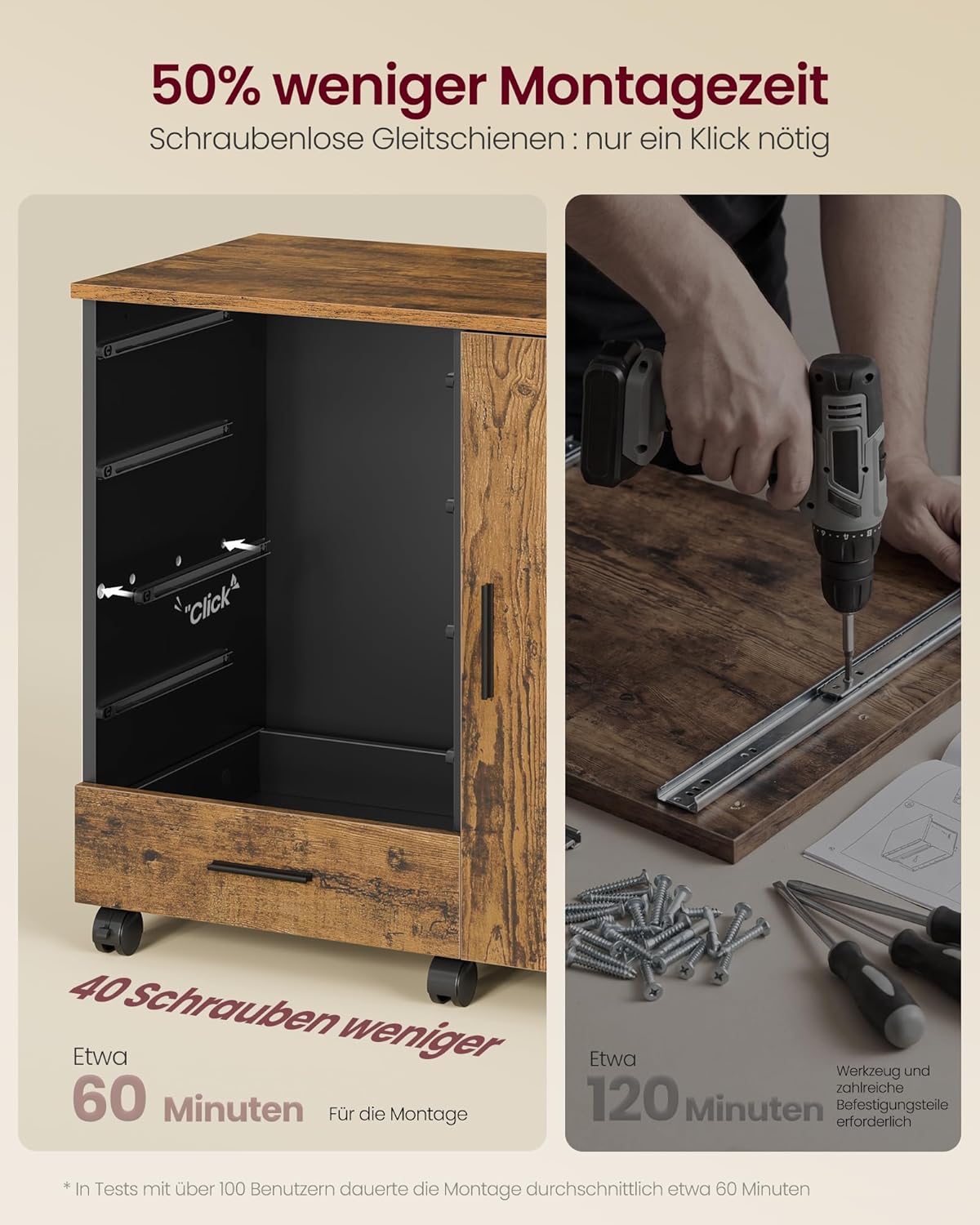 VASAGLE Rollcontainer, mobiler Aktenschrank, Schubladenschrank, Schrank mit Tür, Druckerständer mit 5 Schubladen, mit schraubenlosen Gleitschienen, für Büro, Homeoffice, vintagebraun OFC092KD02 — Ansicht 4
