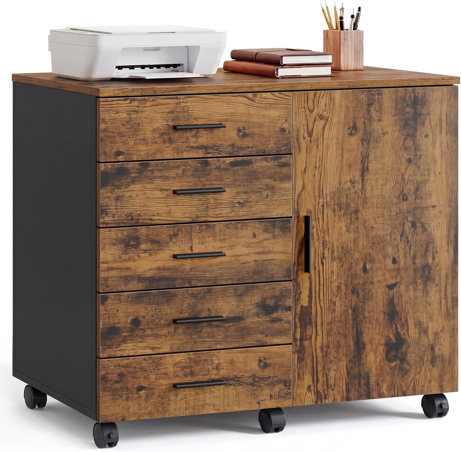 VASAGLE Rollcontainer, mobiler Aktenschrank, Schubladenschrank, Schrank mit Tür, Druckerständer mit 5 Schubladen, mit schraubenlosen Gleitschienen, für Büro, Homeoffice, vintagebraun OFC092KD02